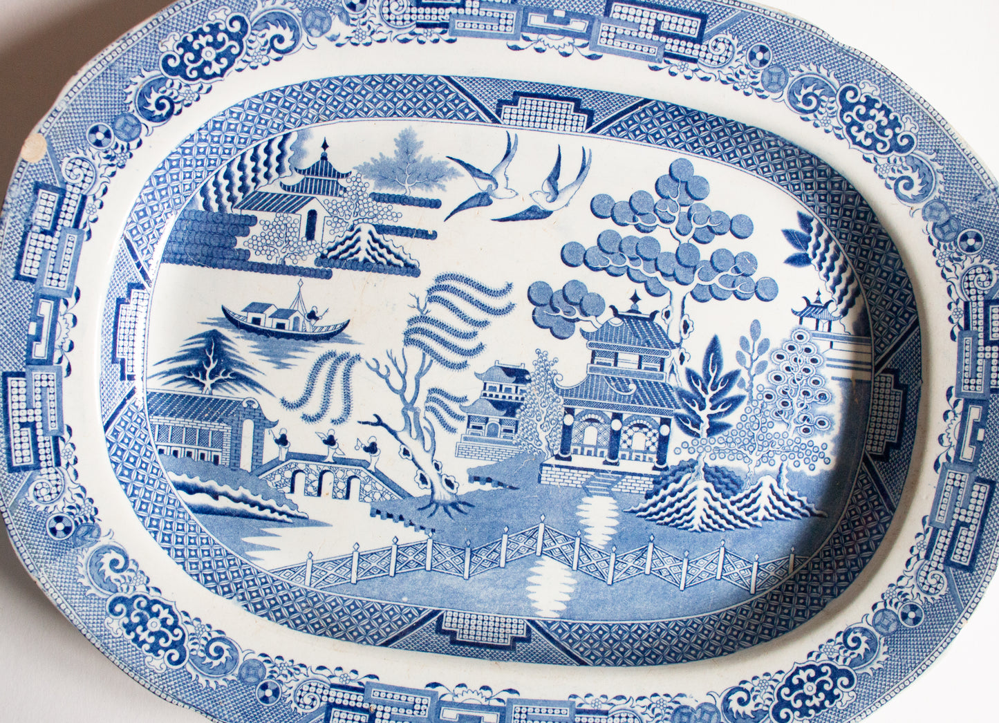 Antique 'Willow' Pattern 17.5" Blue and White Transferware Serving Platter