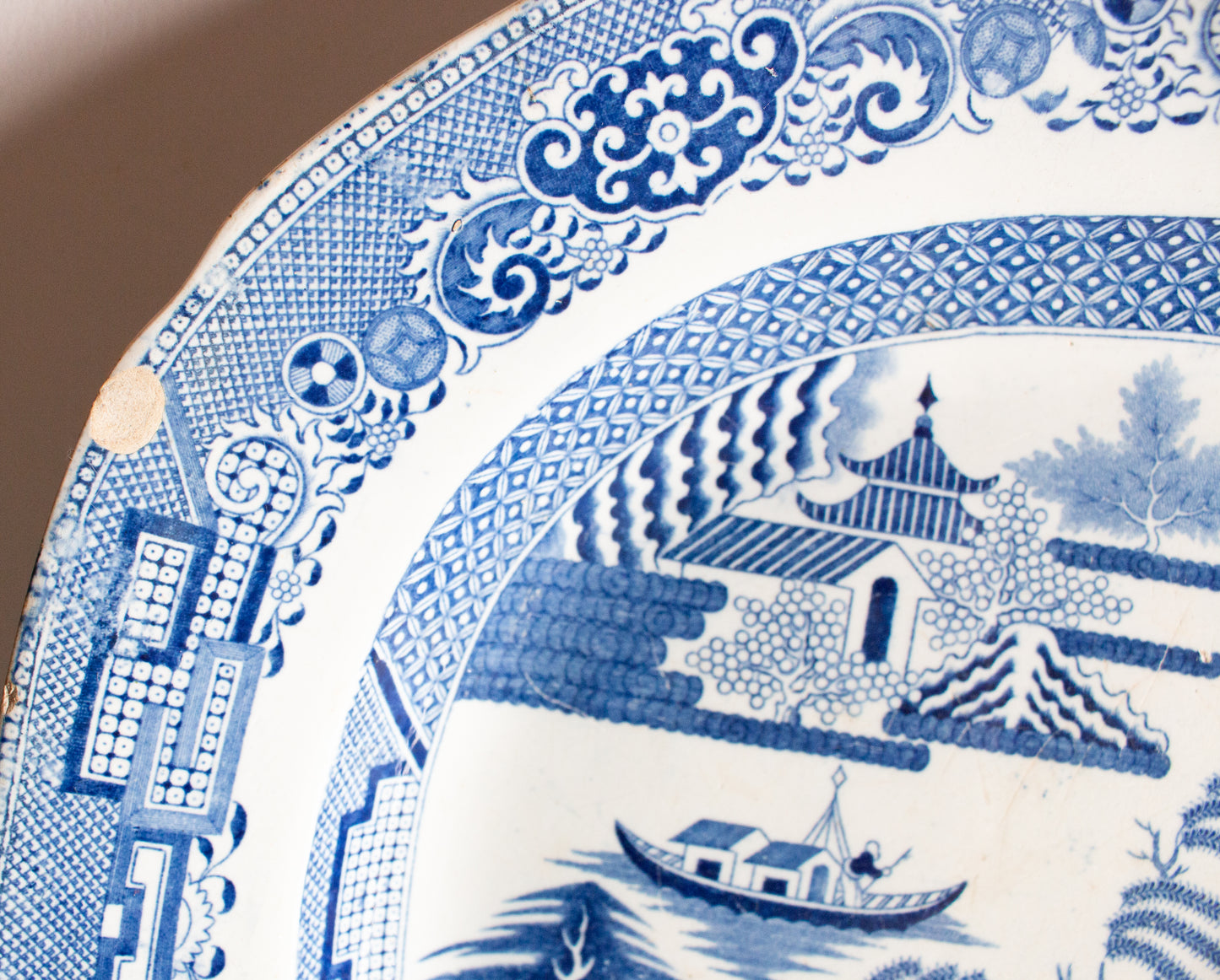 Antique 'Willow' Pattern 17.5" Blue and White Transferware Serving Platter