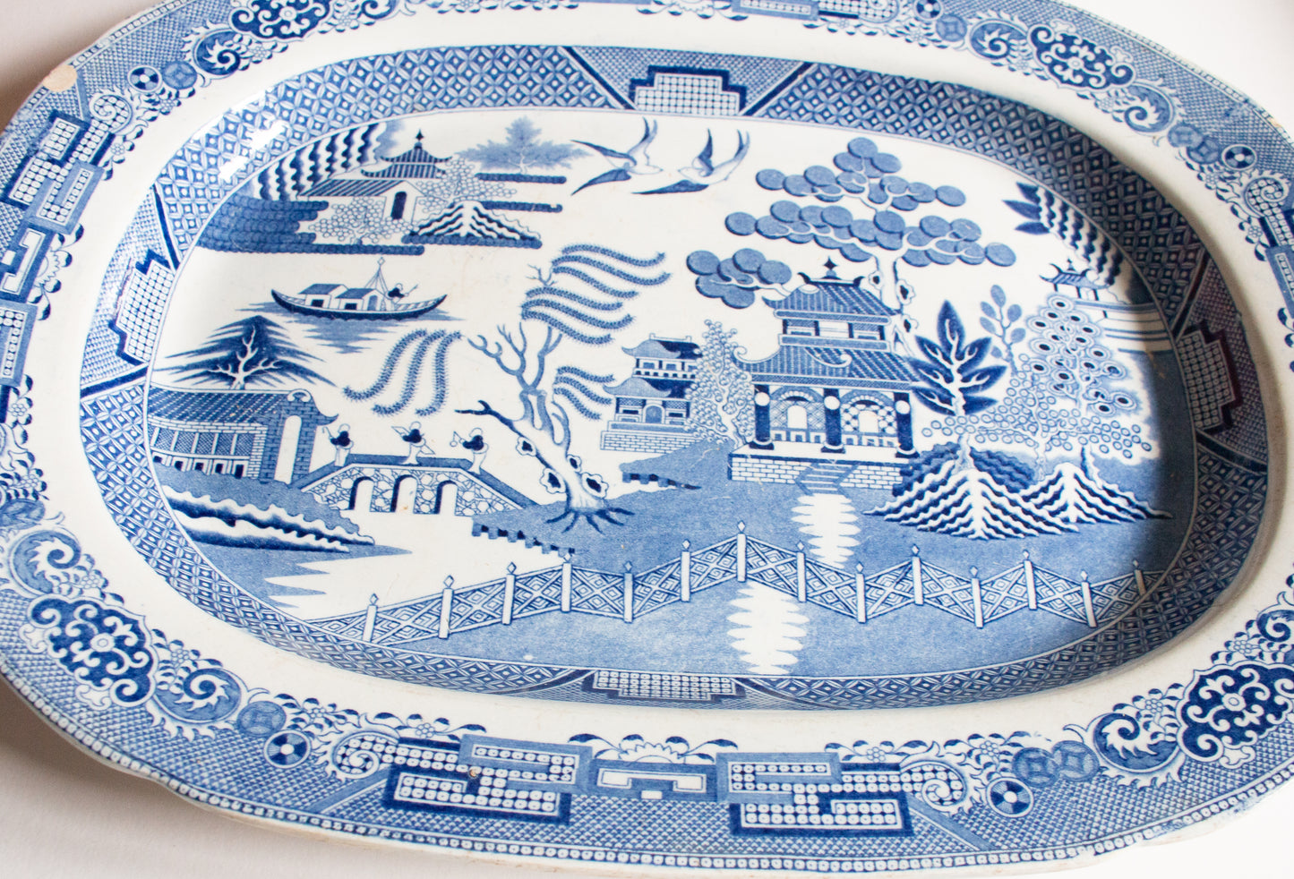 Antique 'Willow' Pattern 17.5" Blue and White Transferware Serving Platter