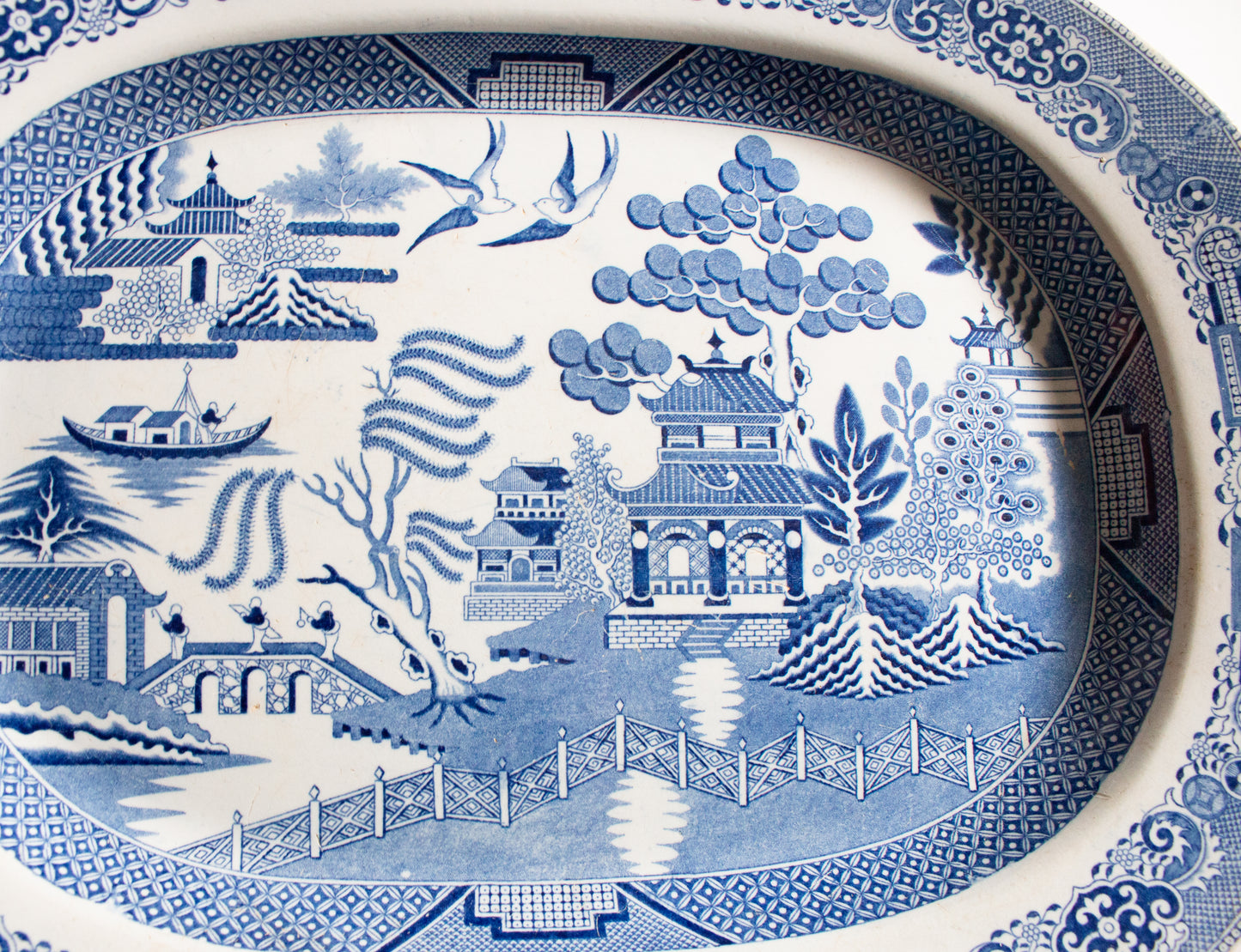 Antique 'Willow' Pattern 17.5" Blue and White Transferware Serving Platter
