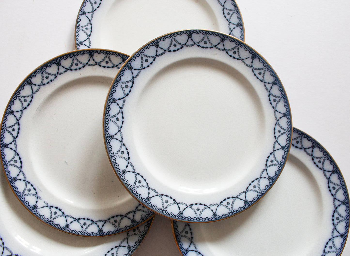 Henry Alcock & Co. Ltd. Semi Porcelain 'Laurel' Pattern Blue and White Transferware 8" Side Plates (6)