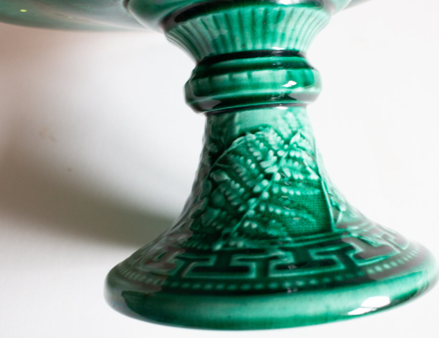 Large Antique Green Majolica Comport or Cake Stand with Fern Detail