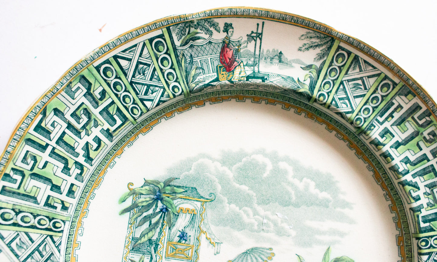 Spode Copeland & Garrett 'New Fayence' Pattern Green and White Transferware 10" Plates (3)
