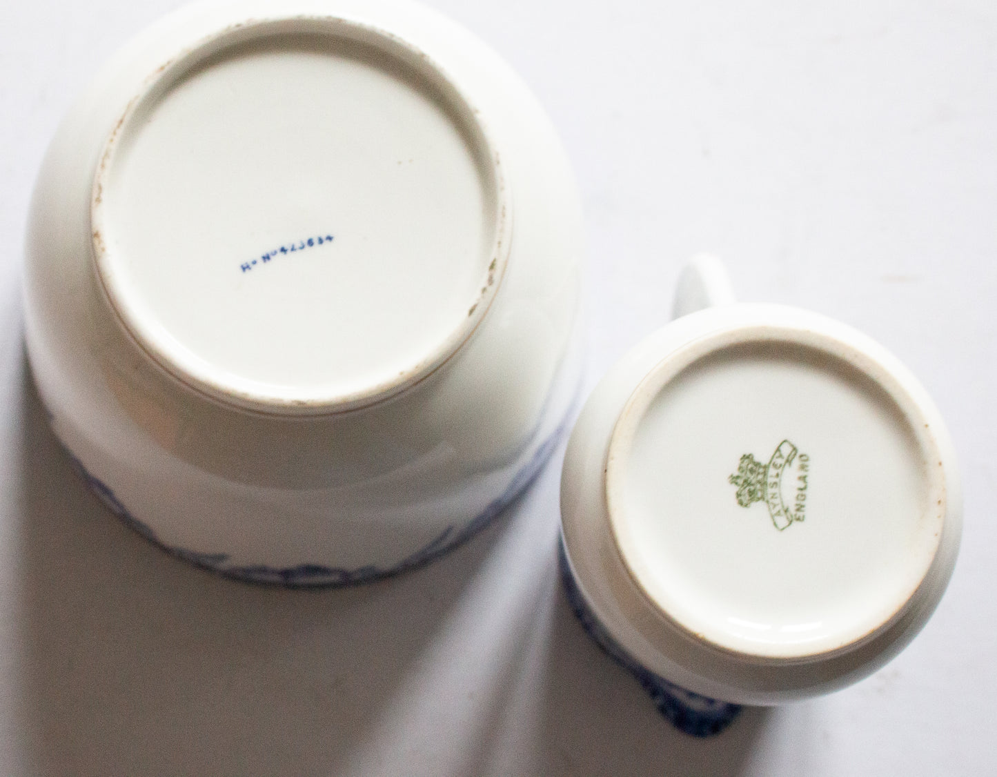 Aynsley Blue and White Transferware Sugar Bowl and Creamer Set