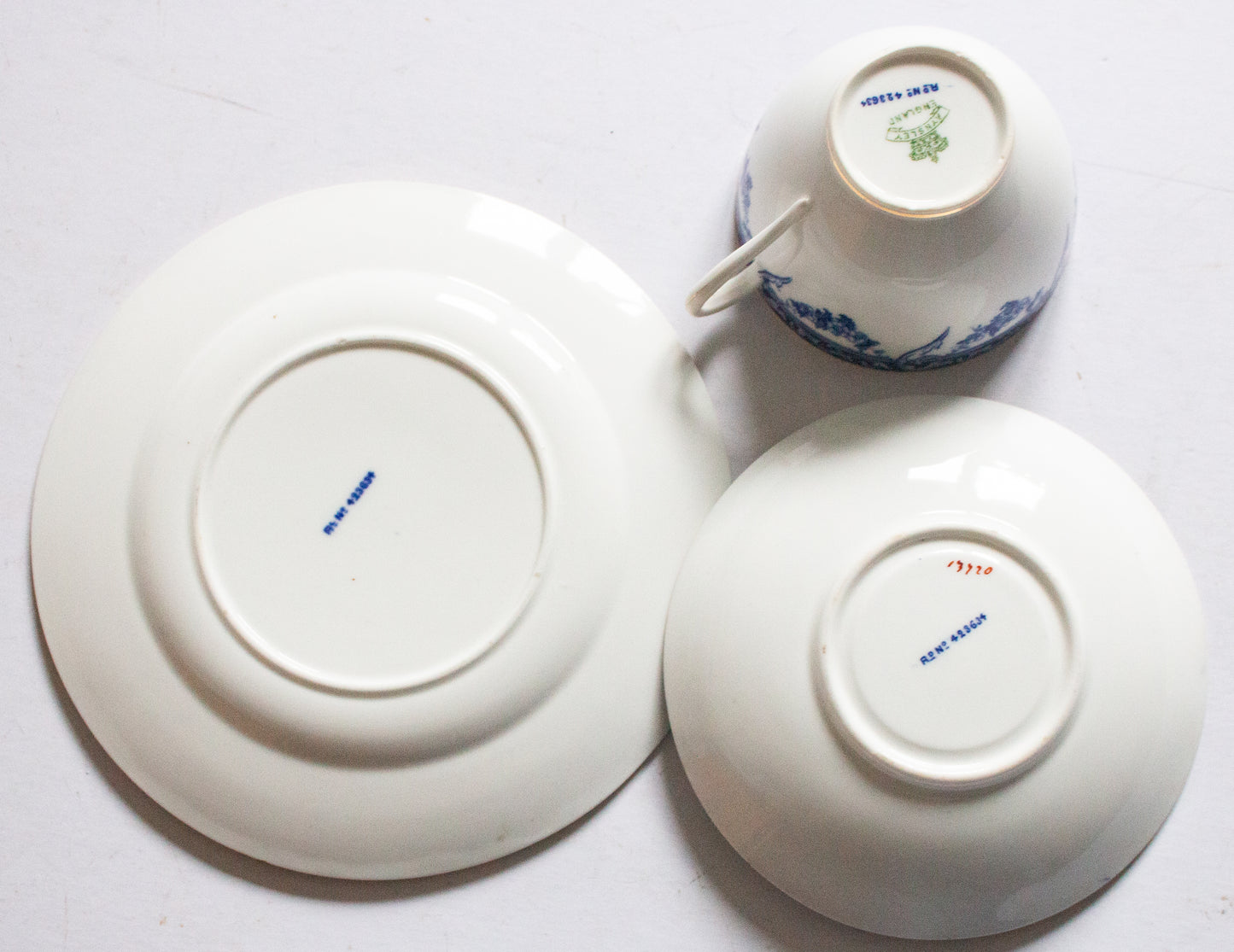 Aynsley Bone China Blue and White Transferware Teacup Trio