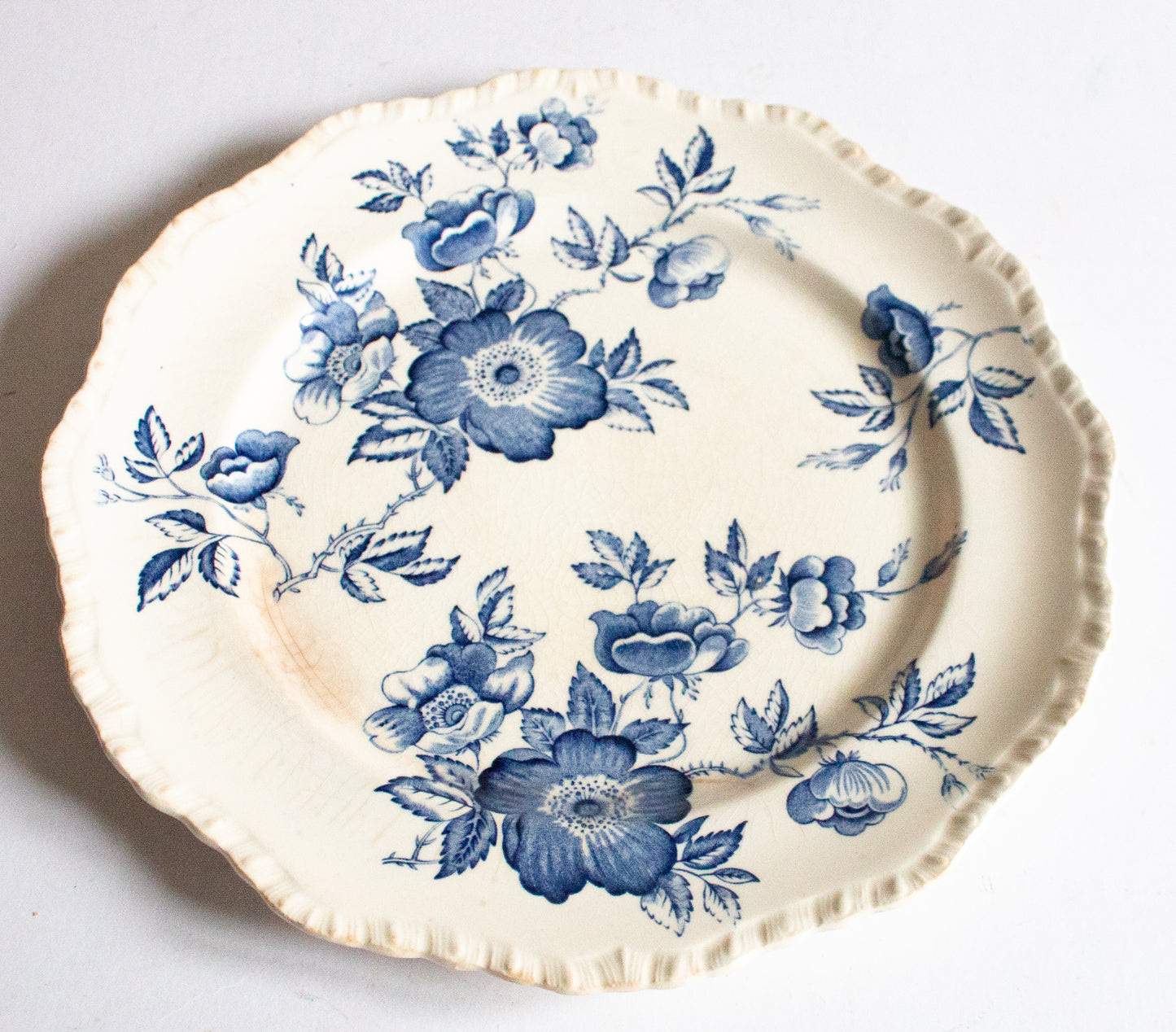 Antique Blue and White Transferware 10.5" Floral Plate