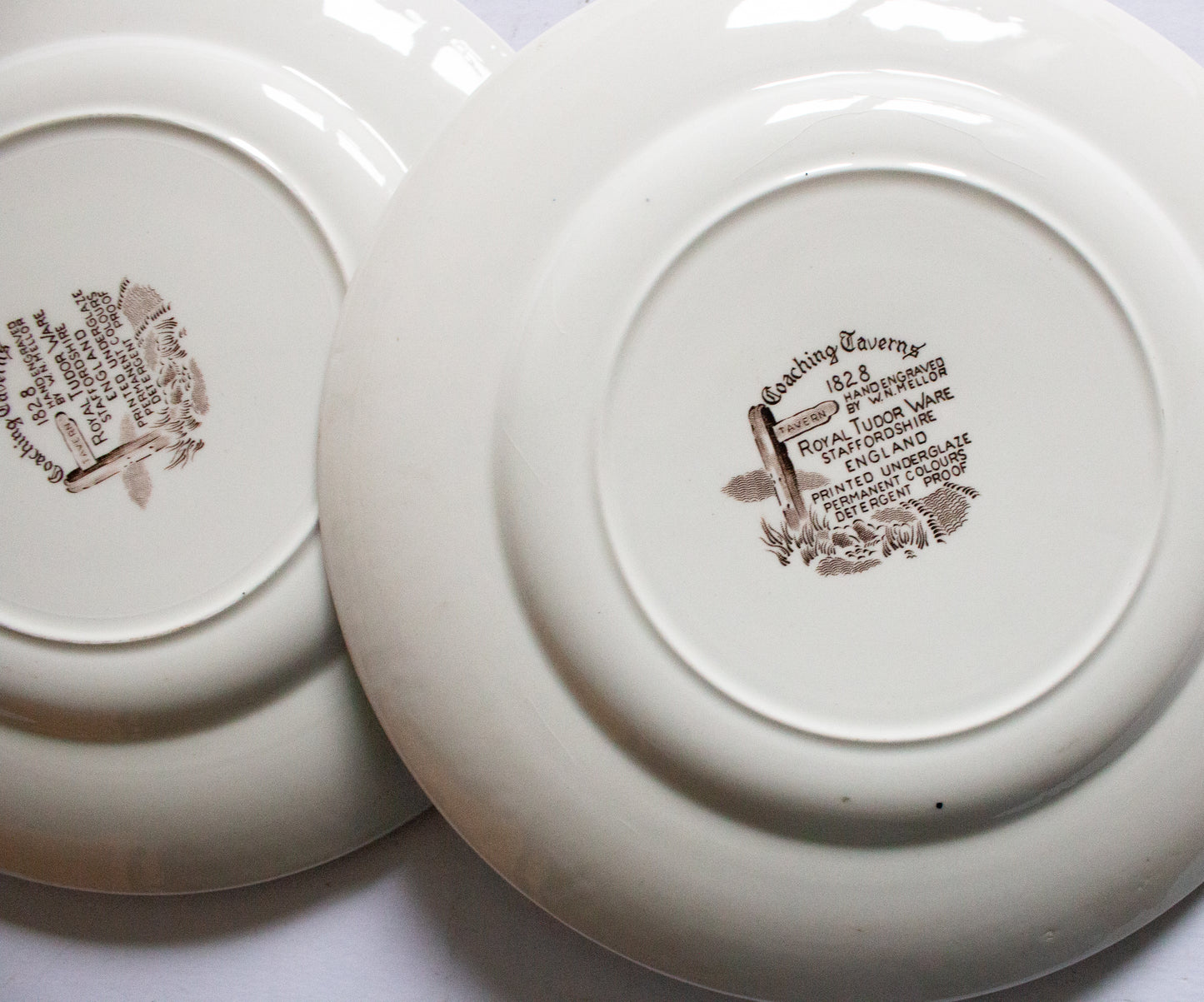 Royal Tudor Ware Staffordshire 'Coaching Taverns' Brown Transferware 10" Dinner Plates (2)
