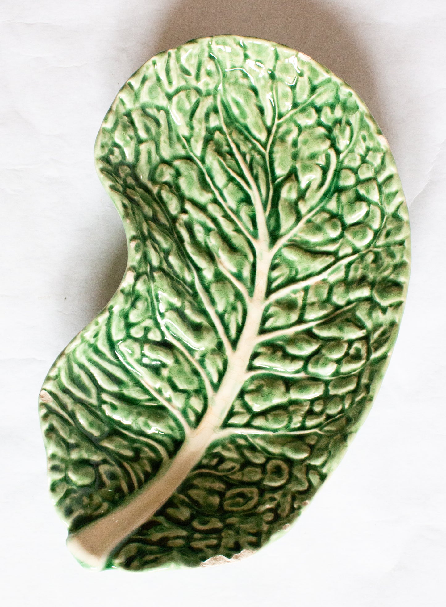 Vintage Portuguese Bordallo Pinheiro Green Majolica Leaf Dish