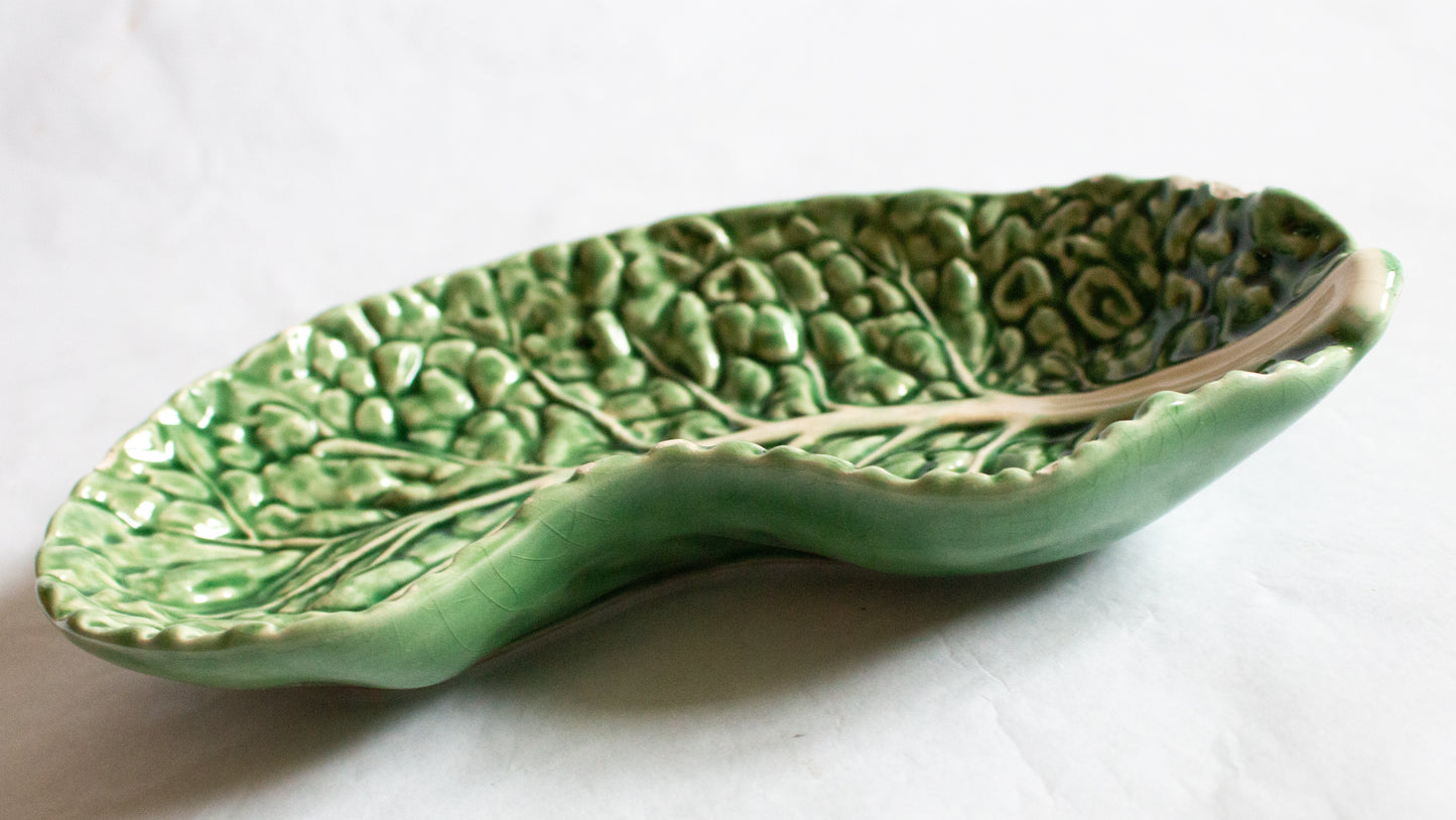 Vintage Portuguese Bordallo Pinheiro Green Majolica Leaf Dish