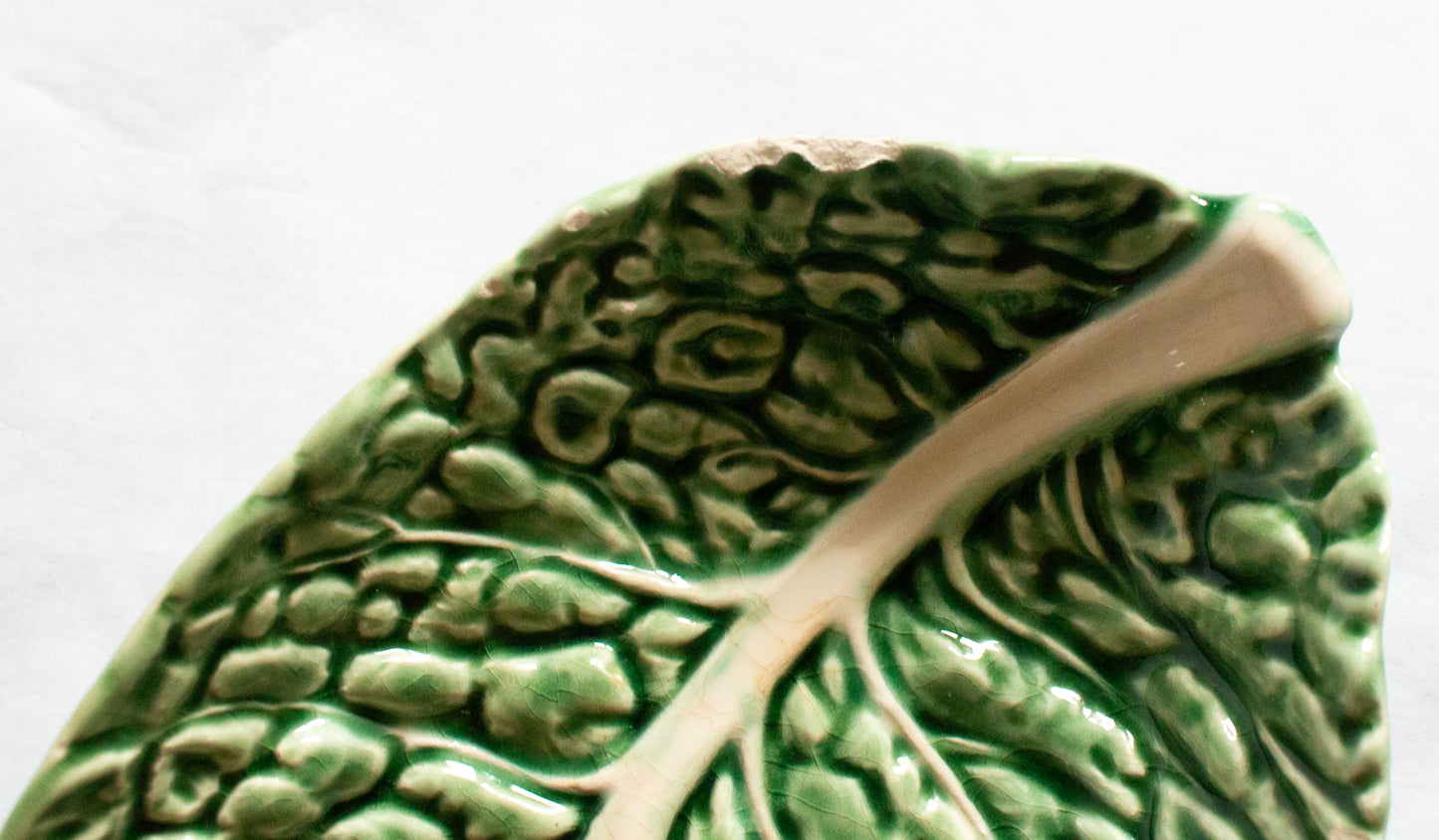 Vintage Portuguese Bordallo Pinheiro Green Majolica Leaf Dish