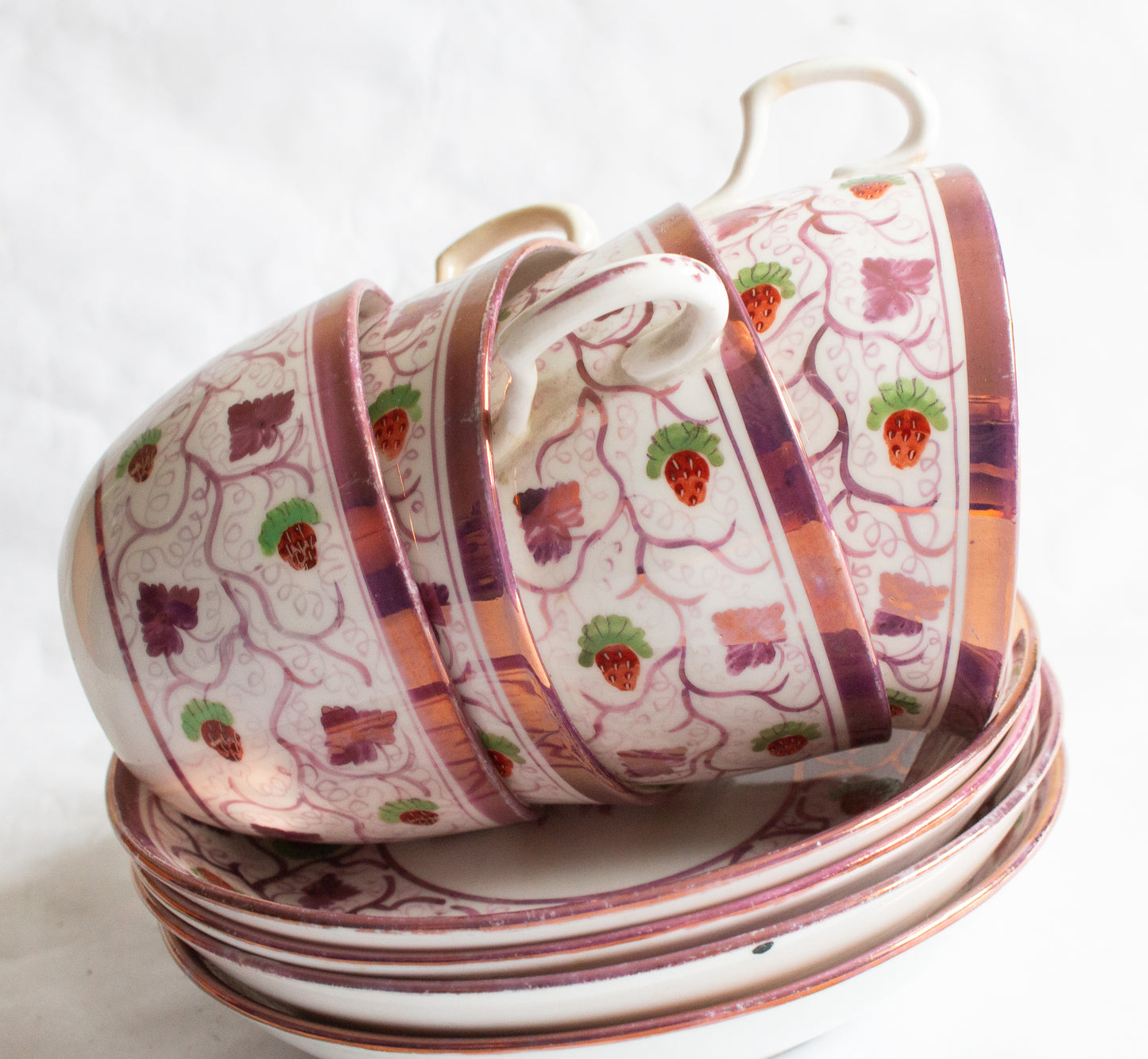 Antique Pink Lustre Teacups and Saucers with Wild Strawberry Pattern (4)