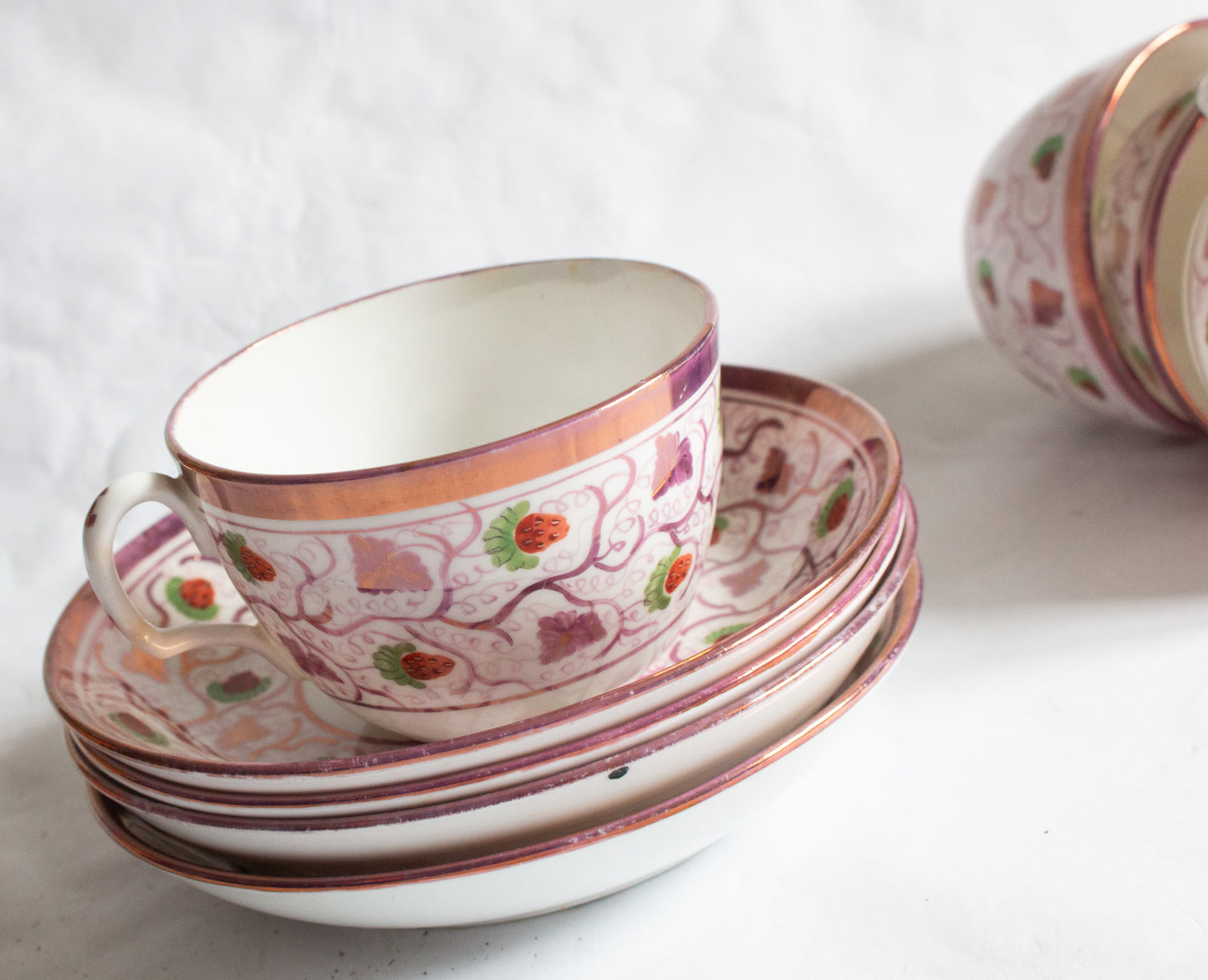 Antique Pink Lustre Teacups and Saucers with Wild Strawberry Pattern (4)