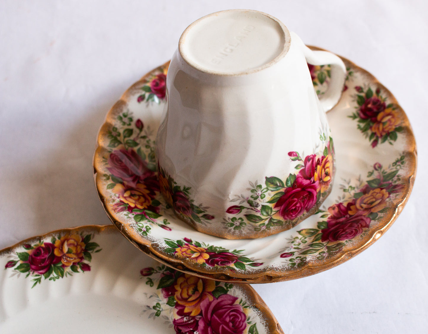 Aynsley & Co. Staffordshire China Country Roses Pattern Coffee Cup Trio