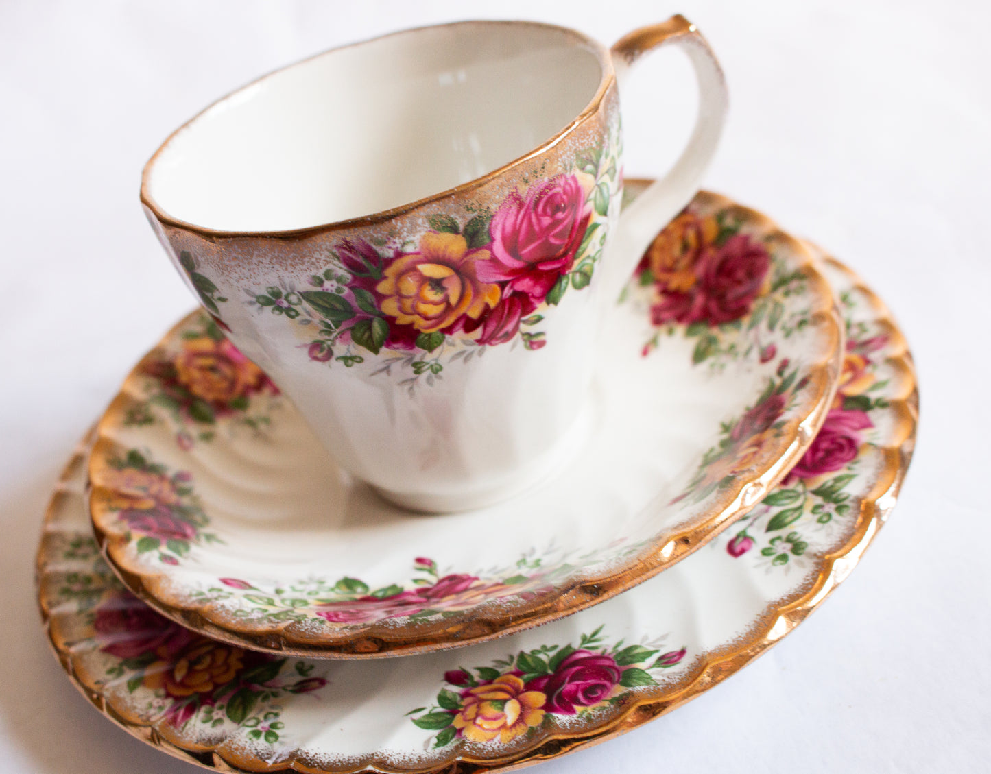 Aynsley & Co. Staffordshire China Country Roses Pattern Coffee Cup Trio