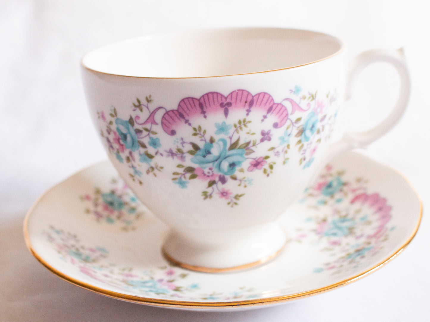 Gainsborough Bone China Pastel Pink and Blue Floral Teacup and Saucer