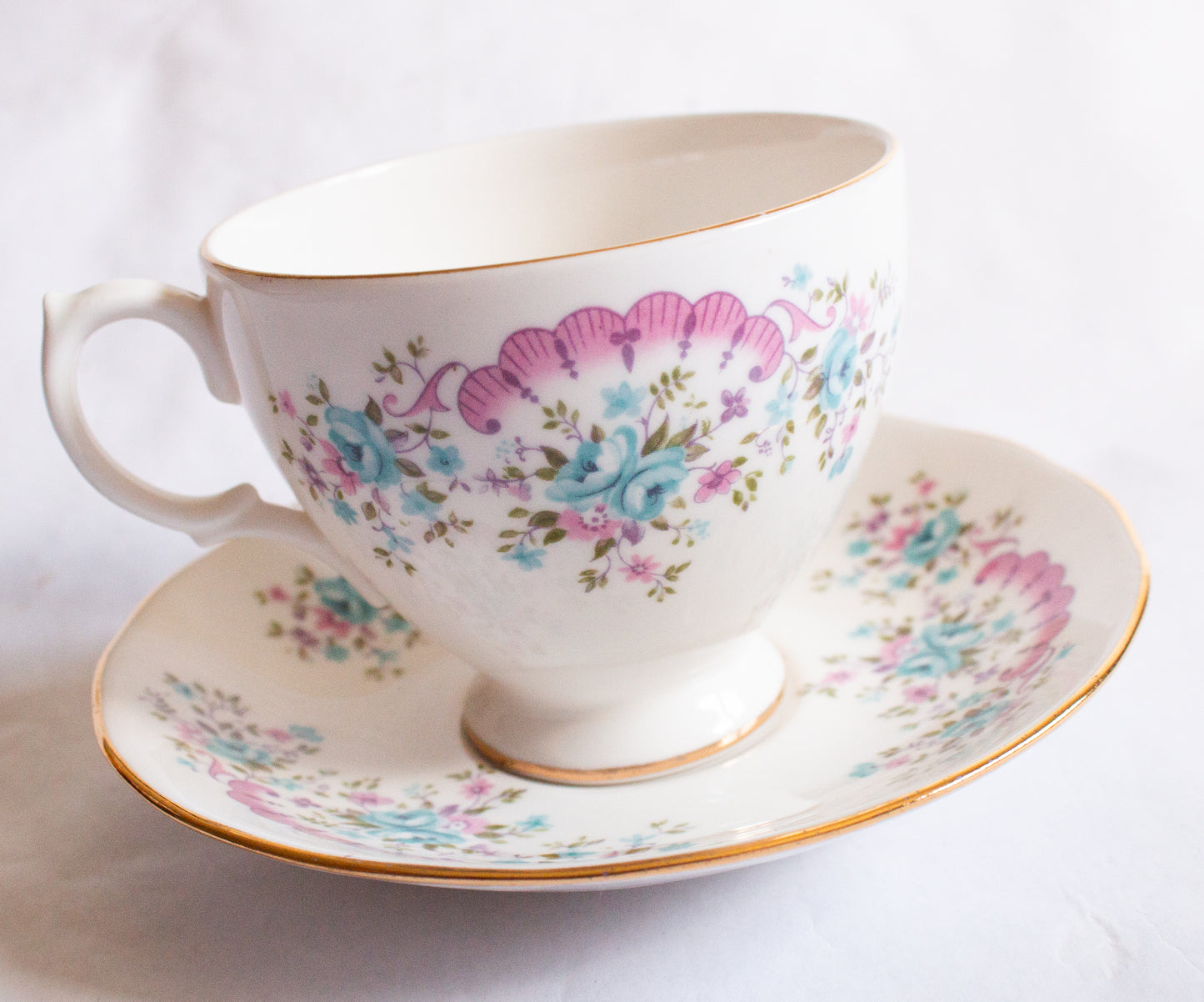 Gainsborough Bone China Pastel Pink and Blue Floral Teacup and Saucer