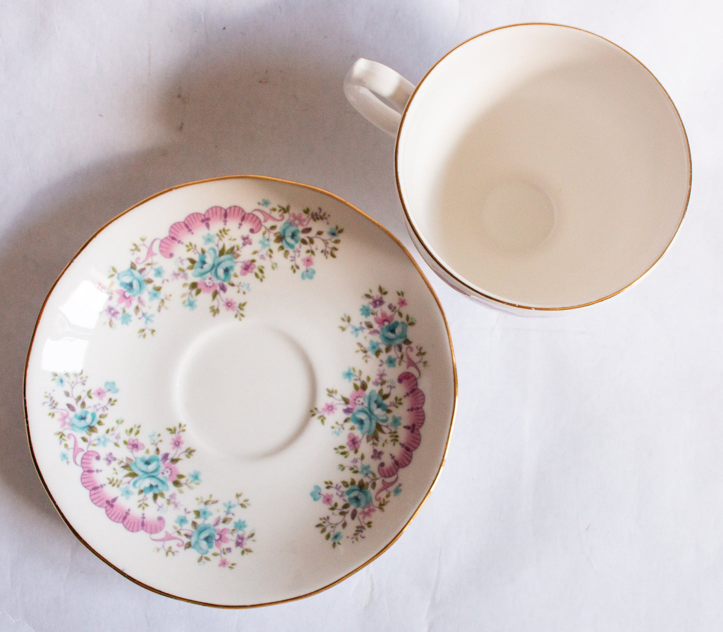 Gainsborough Bone China Pastel Pink and Blue Floral Teacup and Saucer