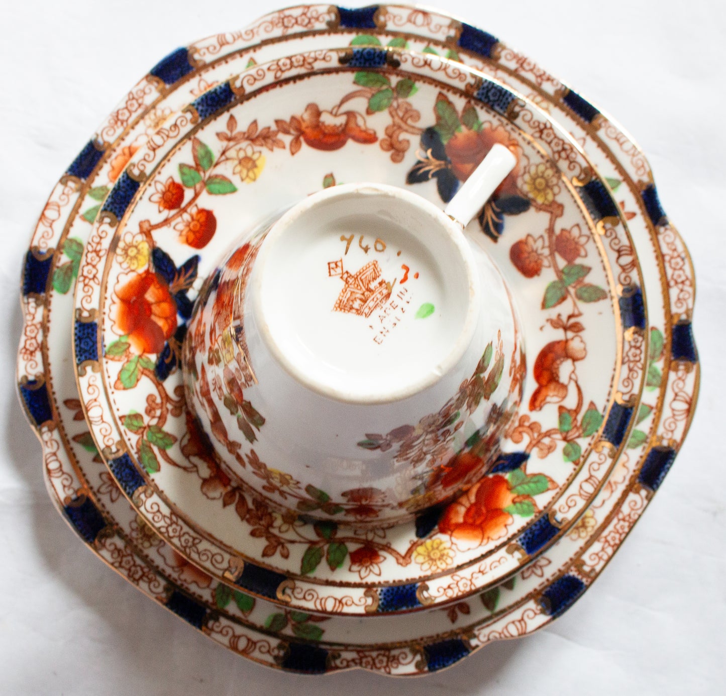 Antique Porcelain Imari Batwing Handles Teacup Trio