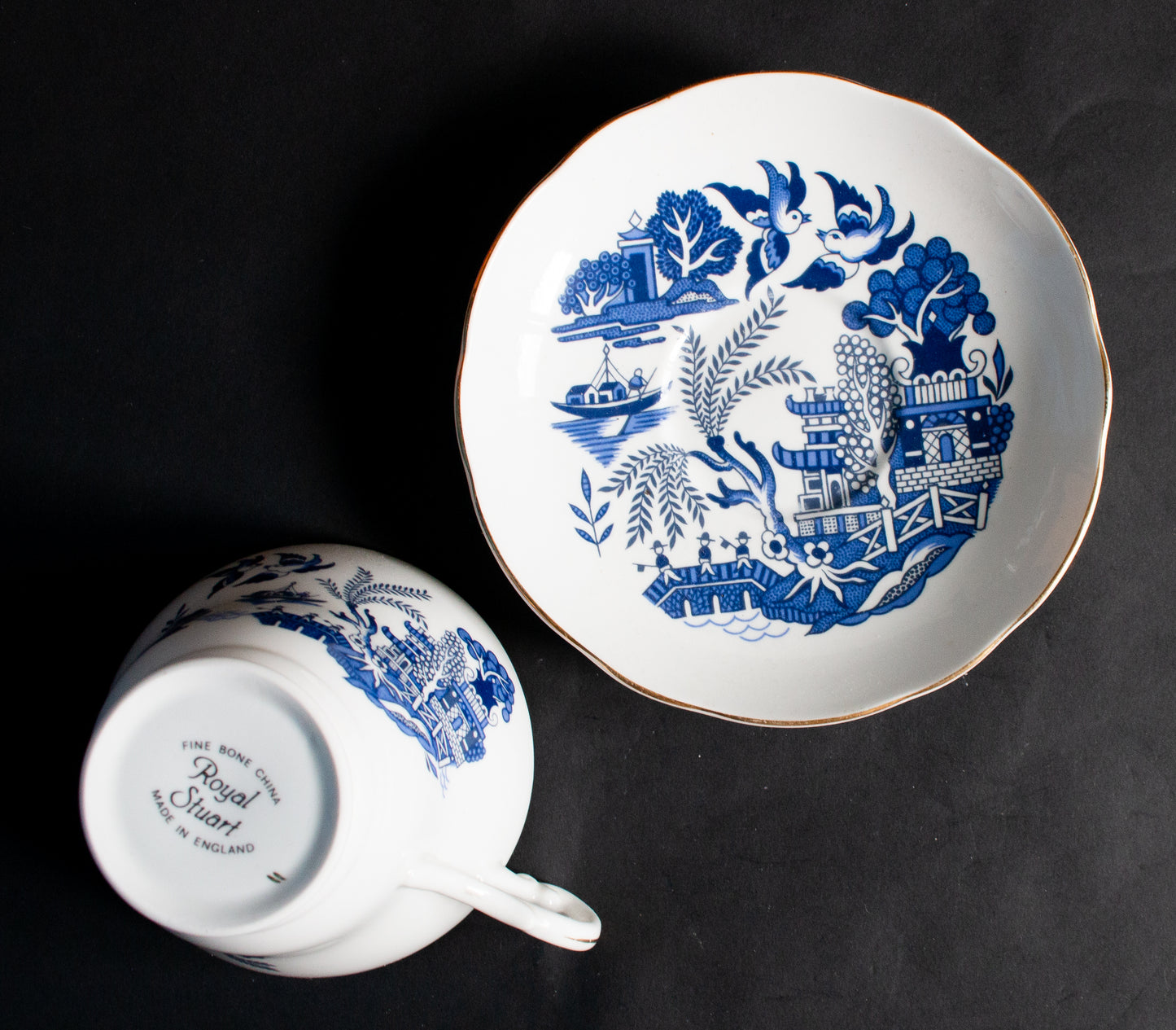 Royal Stuart Fine Bone China 'Willow' Pattern Blue and White Transferware Teacup and Saucer