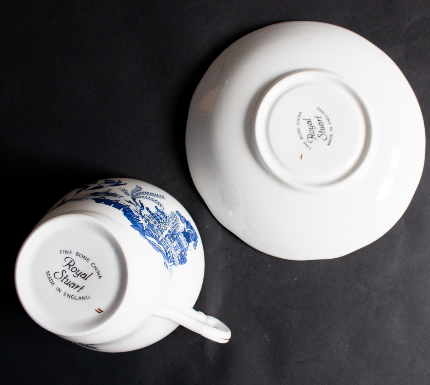 Royal Stuart Fine Bone China 'Willow' Pattern Blue and White Transferware Teacup and Saucer