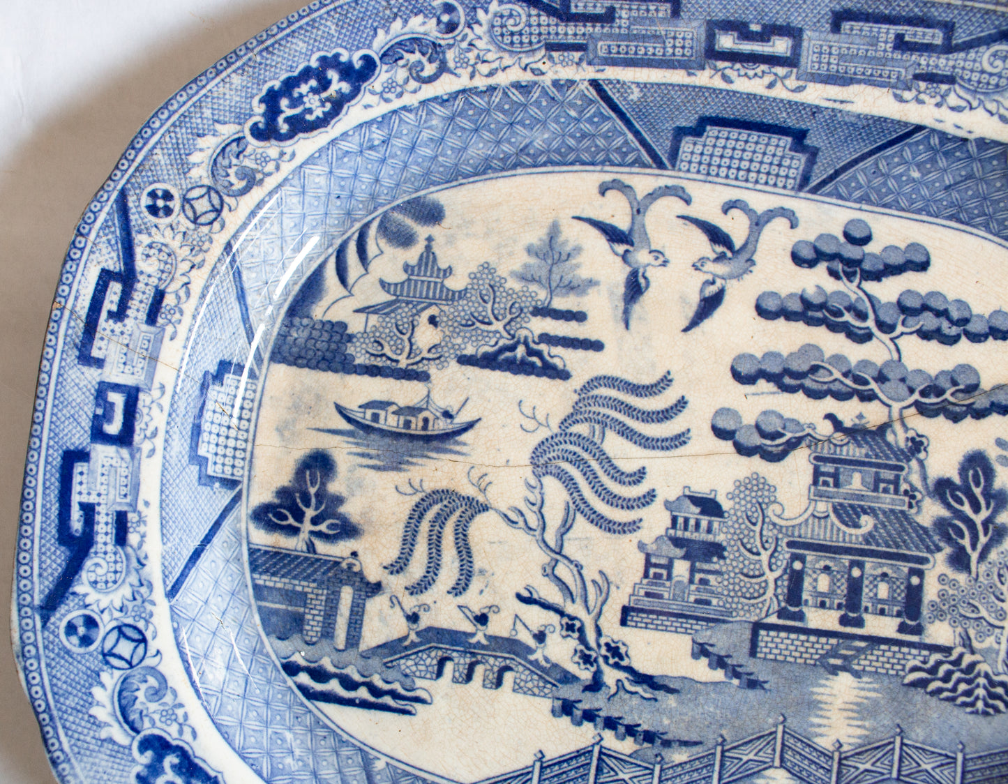 Antique 'Willow' Pattern Blue and White Transferware Serving Platter with Original Staple Repair