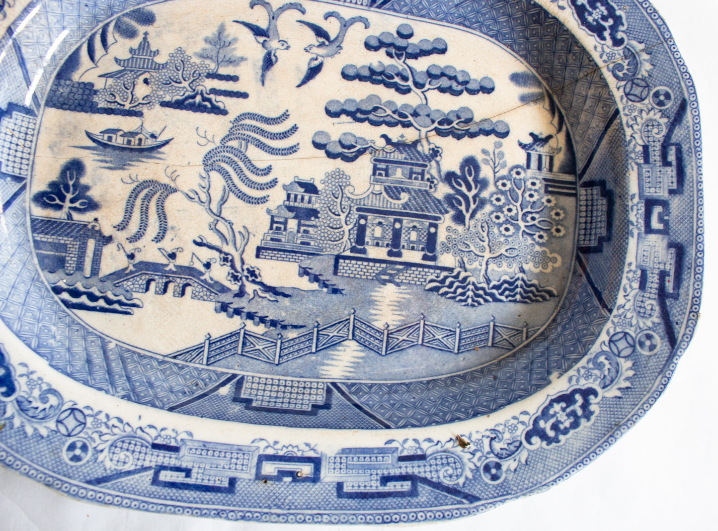 Antique 'Willow' Pattern Blue and White Transferware Serving Platter with Original Staple Repair