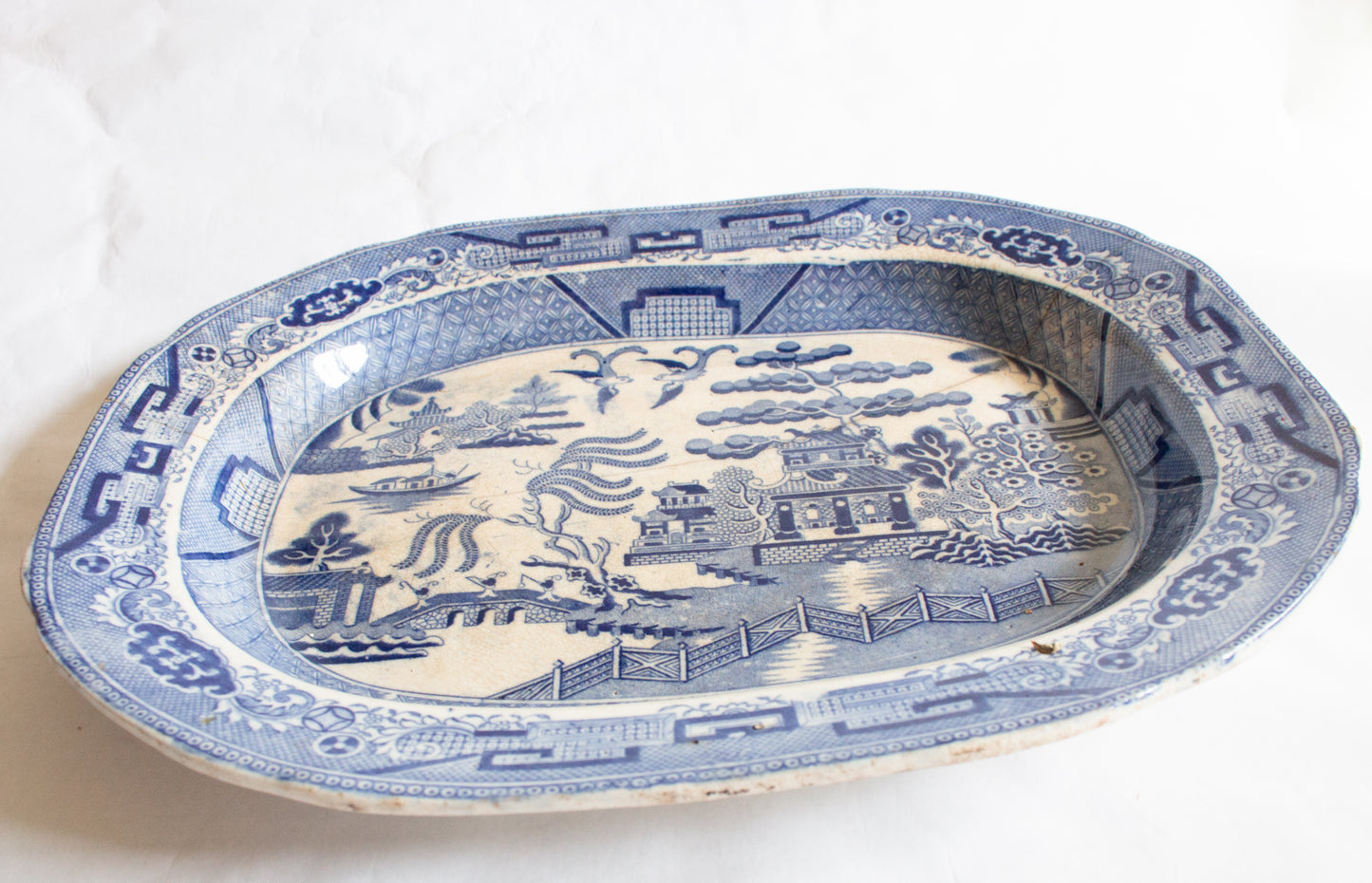 Antique 'Willow' Pattern Blue and White Transferware Serving Platter with Original Staple Repair