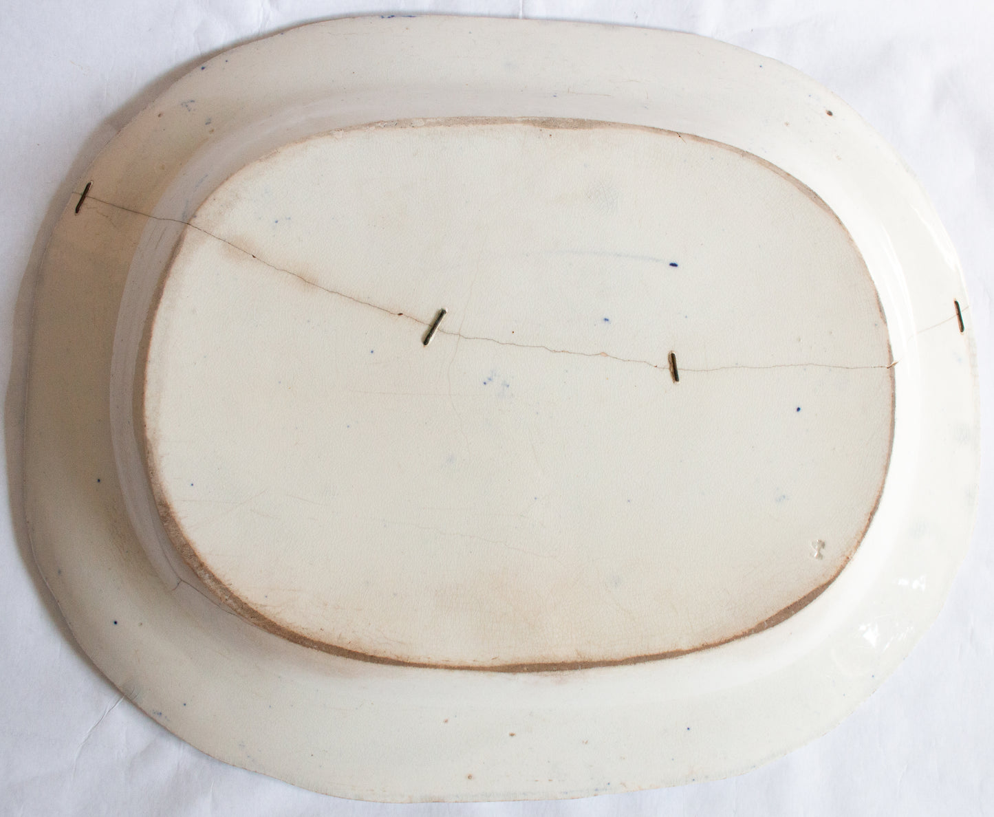 Antique 'Willow' Pattern Blue and White Transferware Serving Platter with Original Staple Repair