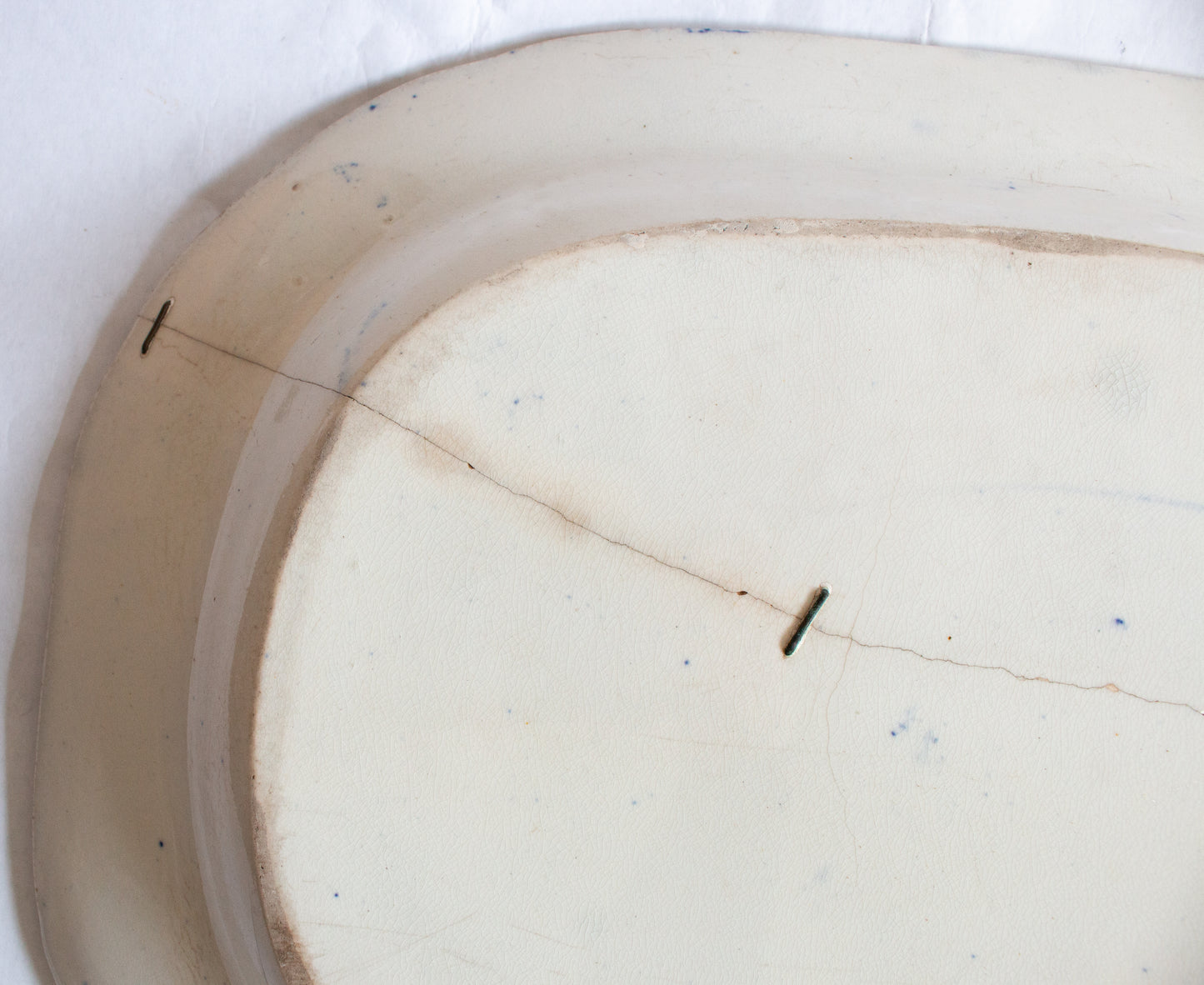 Antique 'Willow' Pattern Blue and White Transferware Serving Platter with Original Staple Repair