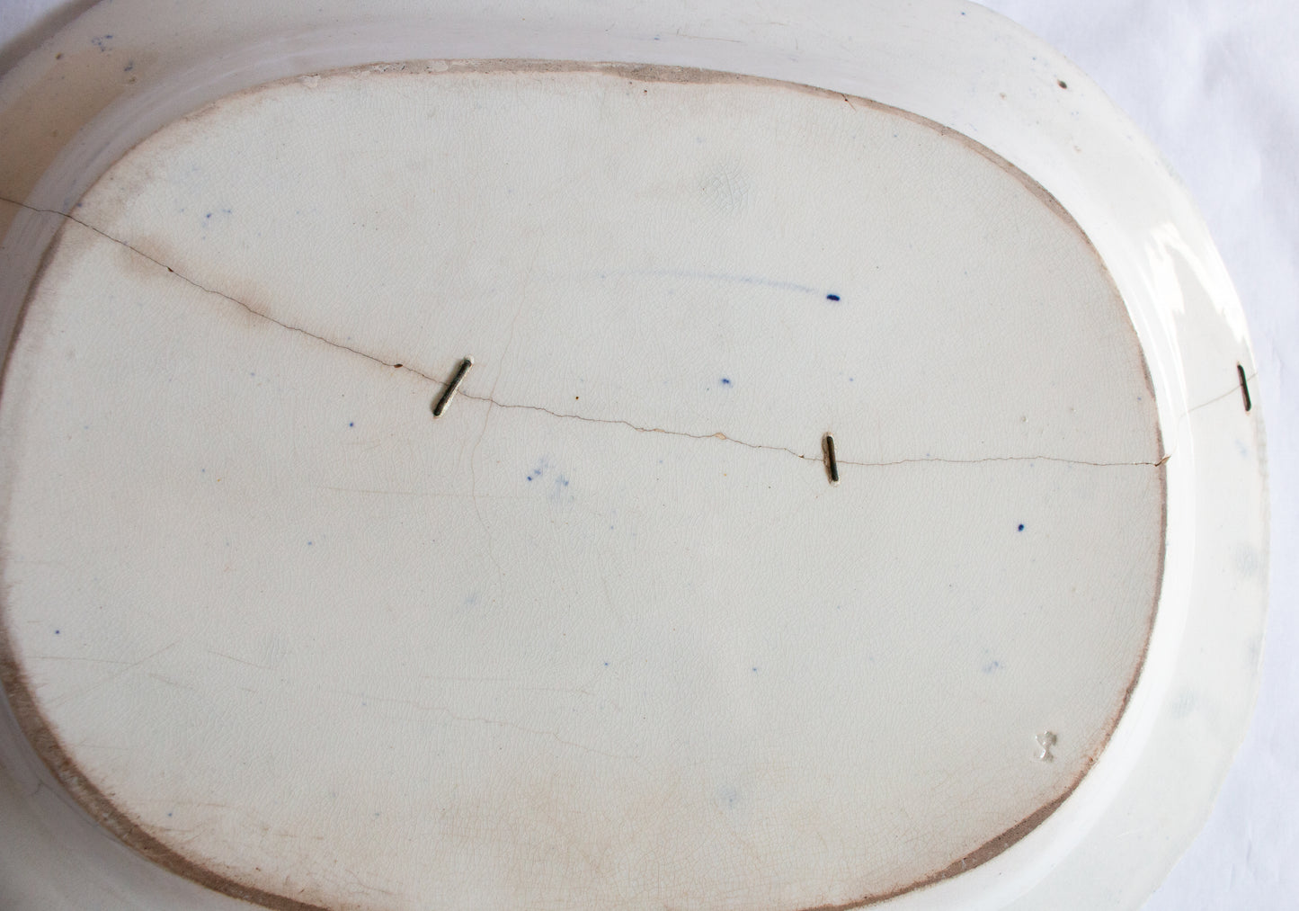 Antique 'Willow' Pattern Blue and White Transferware Serving Platter with Original Staple Repair