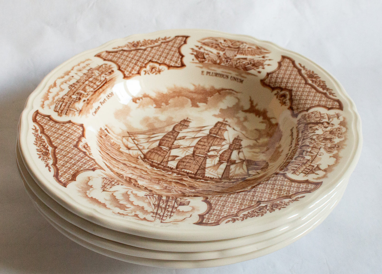 Alfred Meakin 'Fair Winds' Pattern Brown and White Transferware Rimmed Soup Plates (4)