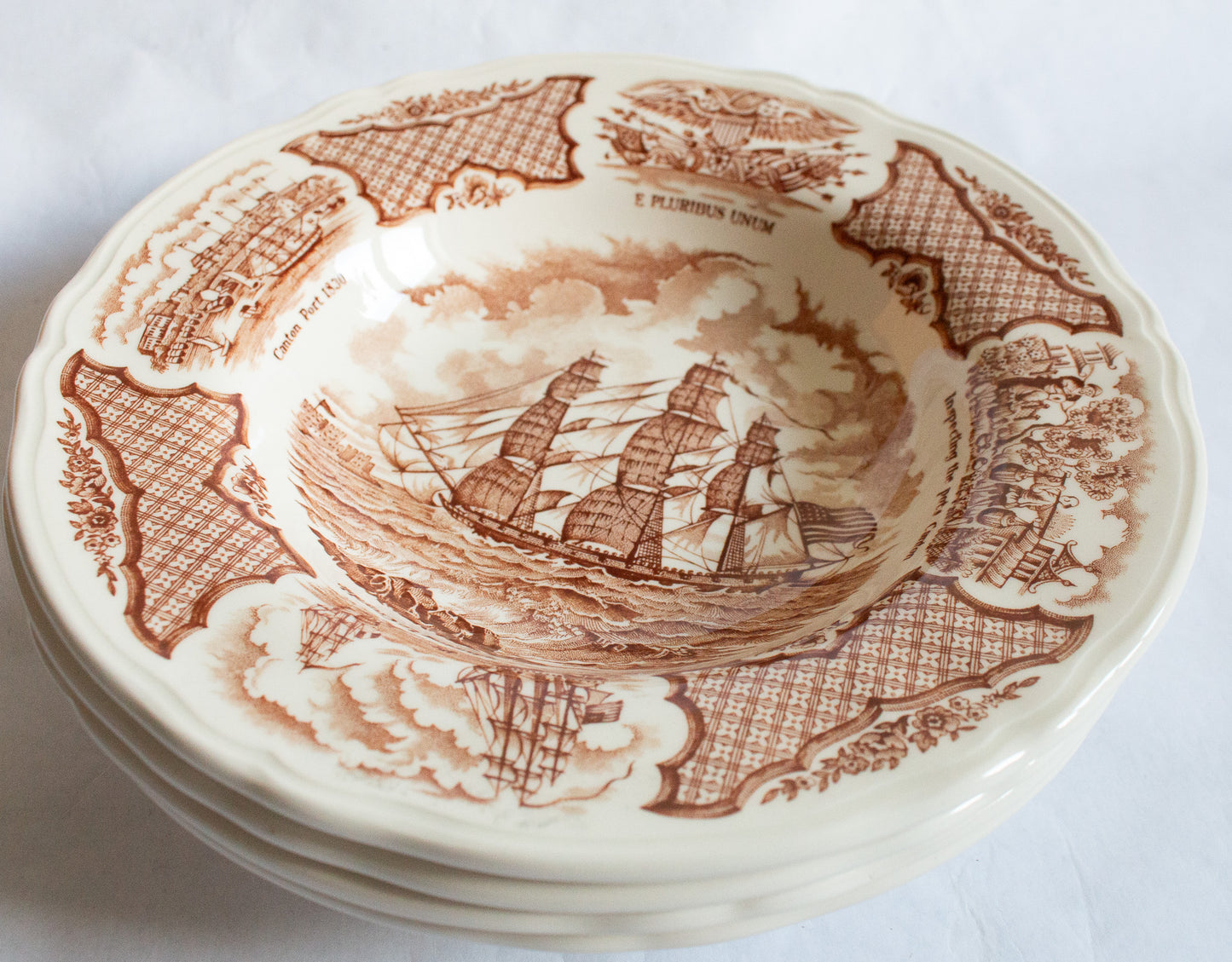 Alfred Meakin 'Fair Winds' Pattern Brown and White Transferware Rimmed Soup Plates (4)