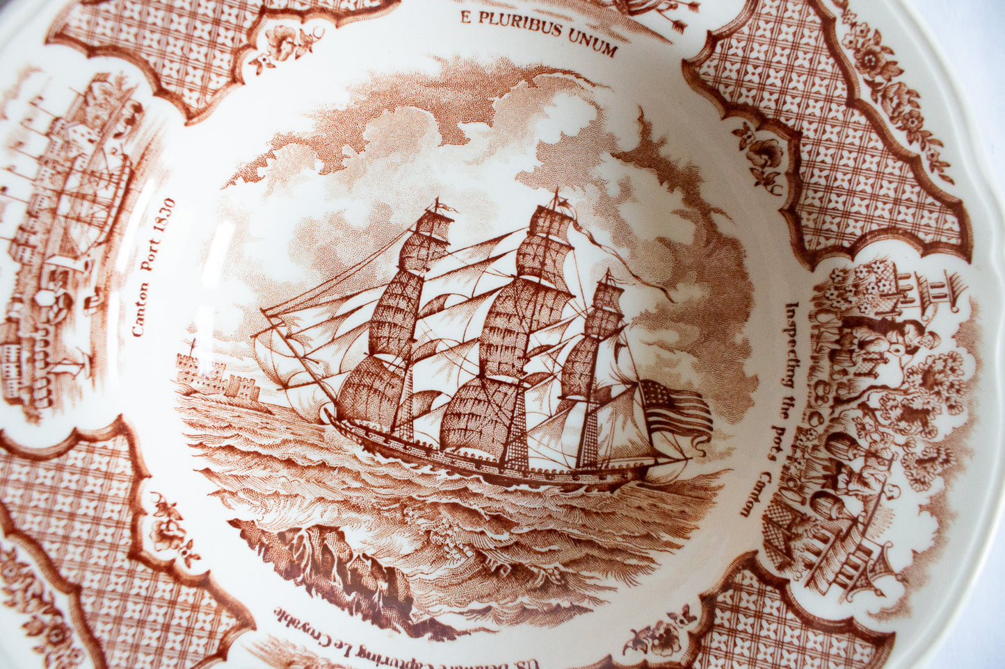 Alfred Meakin 'Fair Winds' Pattern Brown and White Transferware Rimmed Soup Plates (4)