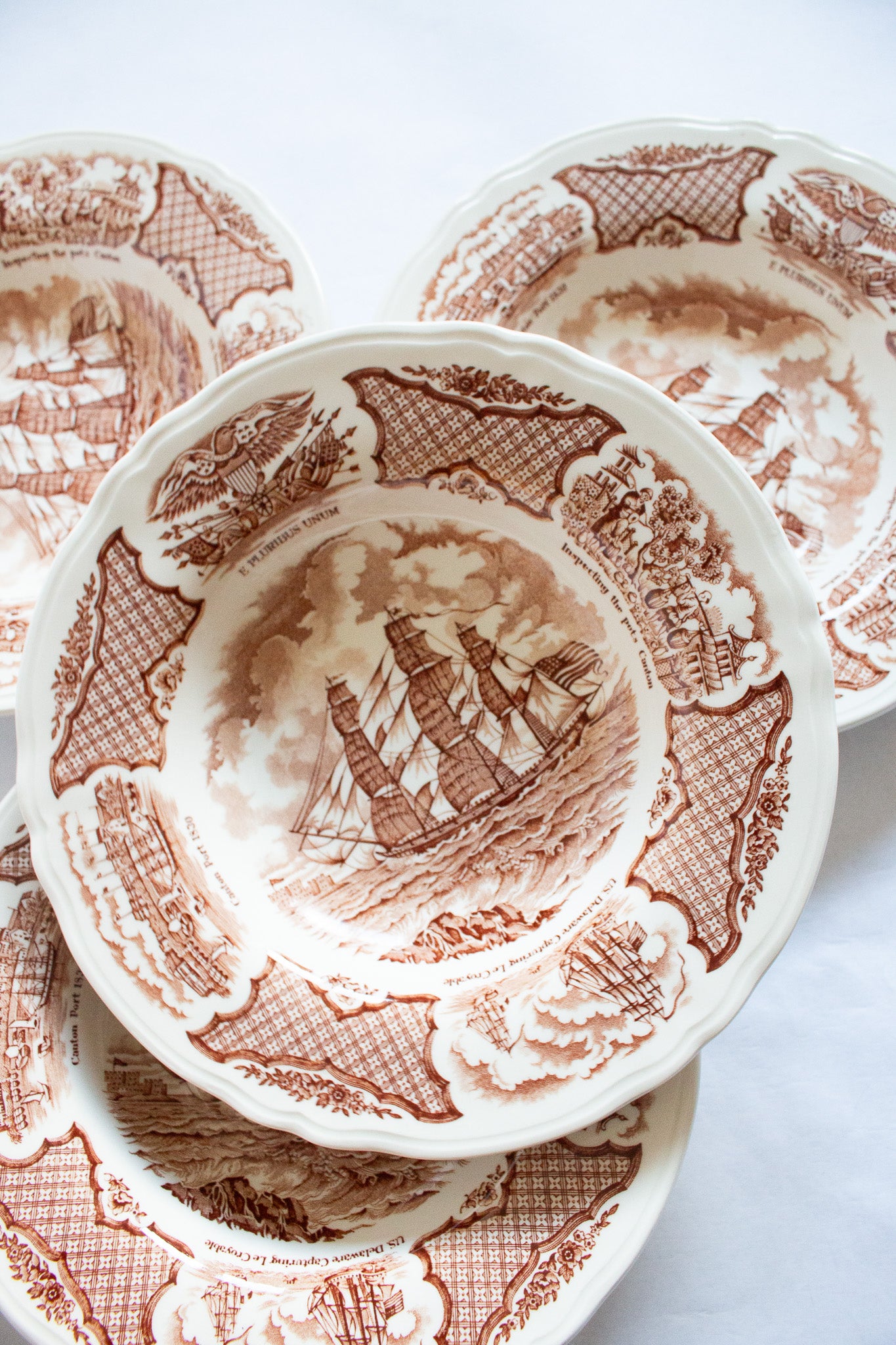 Alfred Meakin 'Fair Winds' Pattern Brown and White Transferware Rimmed Soup Plates (4)