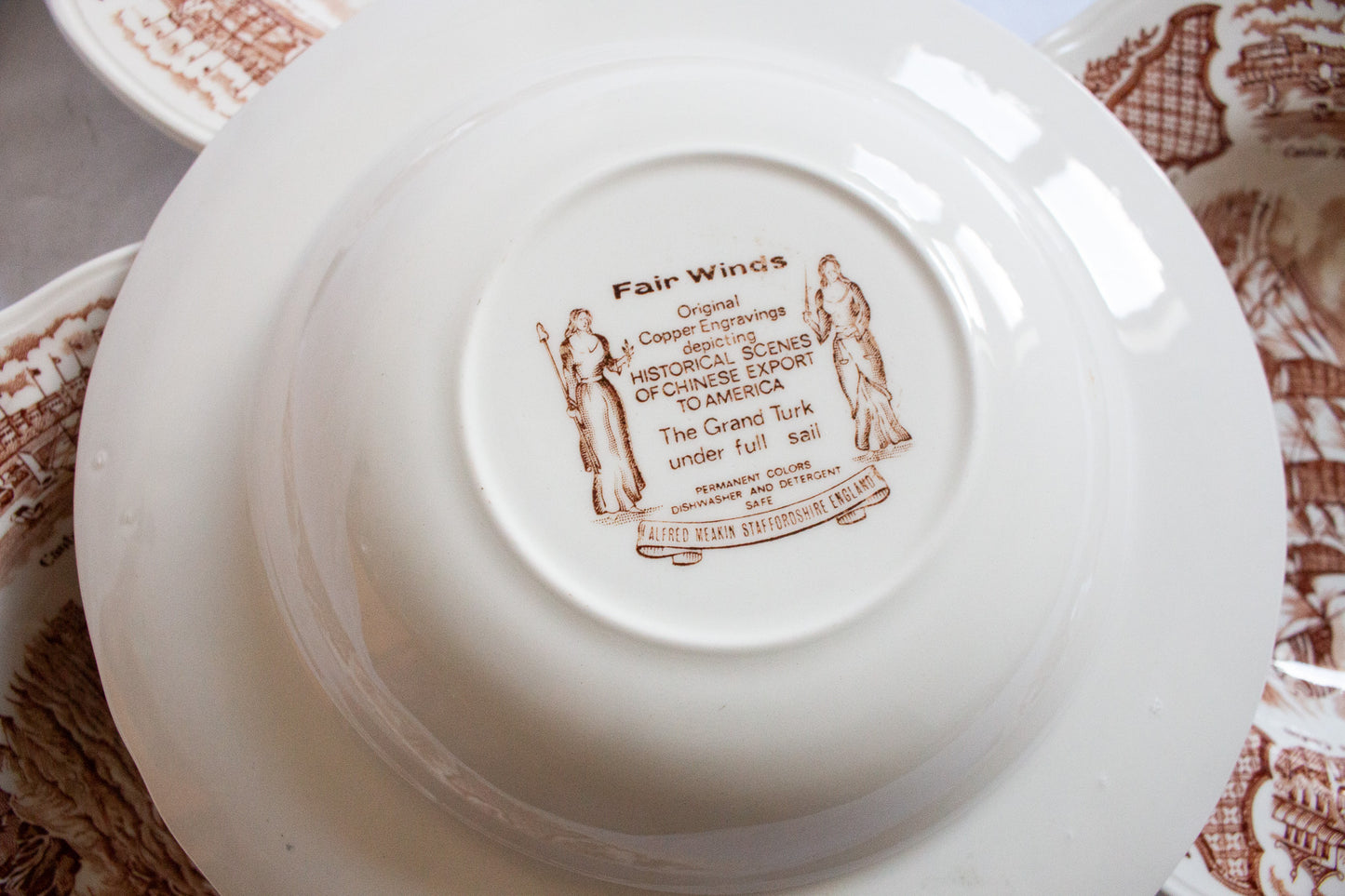 Alfred Meakin 'Fair Winds' Pattern Brown and White Transferware Rimmed Soup Plates (4)