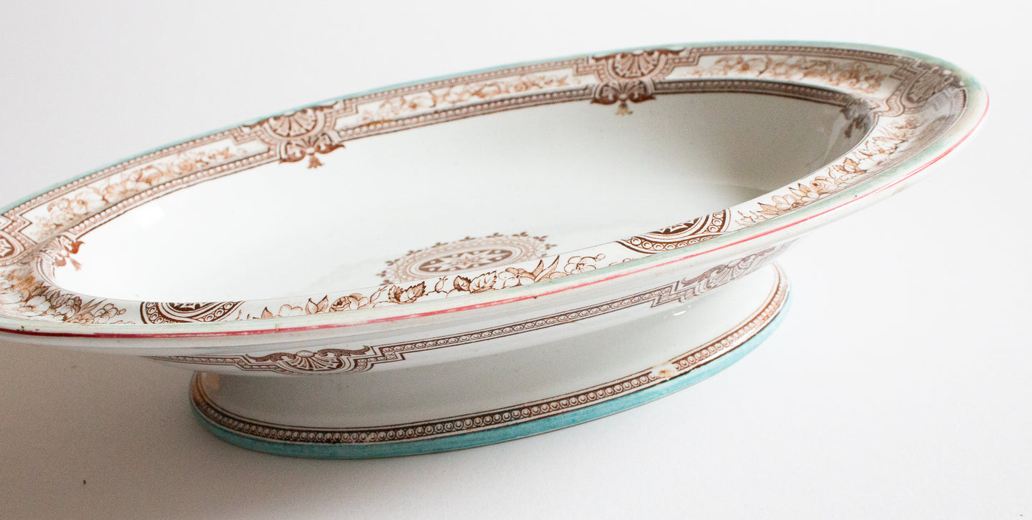 Antique Ashworth Bros. 'Lucerne' Brown and White Transferware Oval Comport or Serving Dish with Blue and Brown Trim