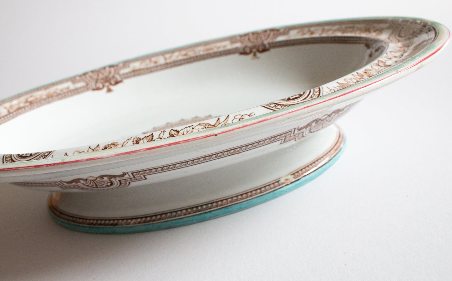 Antique Ashworth Bros. 'Lucerne' Brown and White Transferware Oval Comport or Serving Dish with Blue and Brown Trim