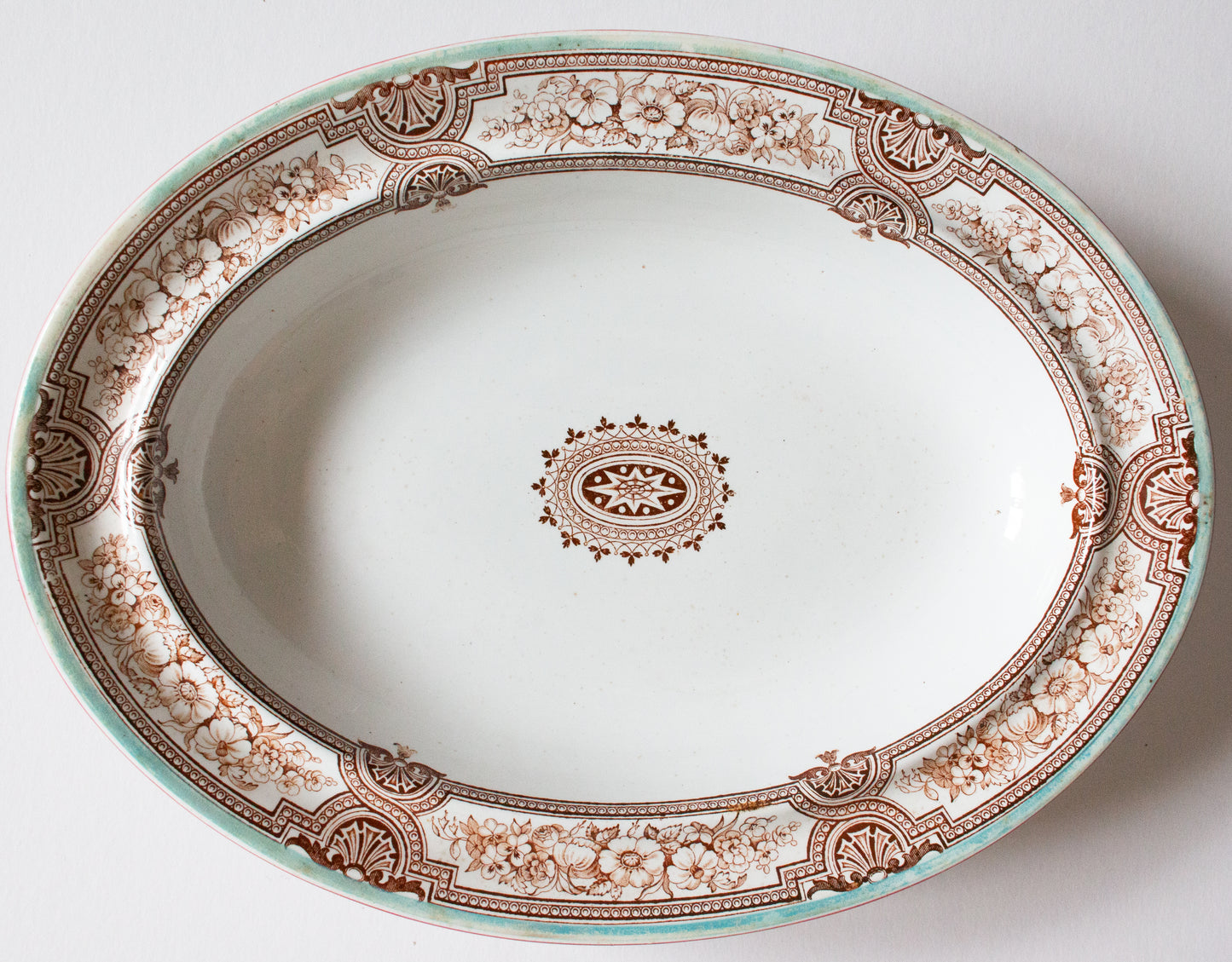 Antique Ashworth Bros. 'Lucerne' Brown and White Transferware Oval Comport or Serving Dish with Blue and Brown Trim