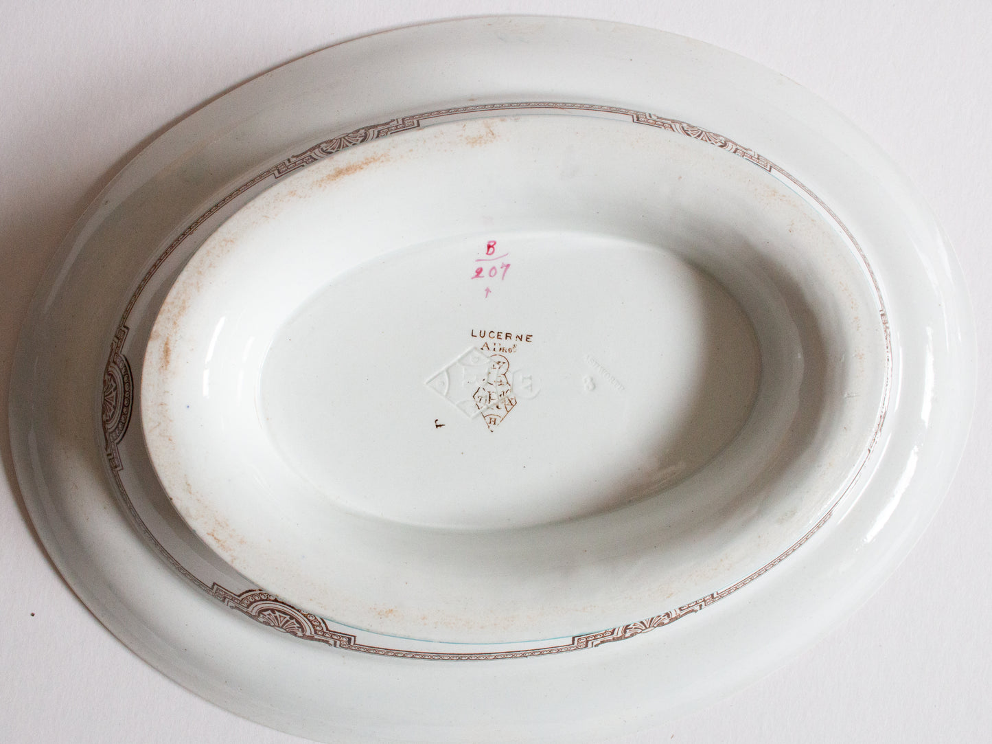 Antique Ashworth Bros. 'Lucerne' Brown and White Transferware Oval Comport or Serving Dish with Blue and Brown Trim
