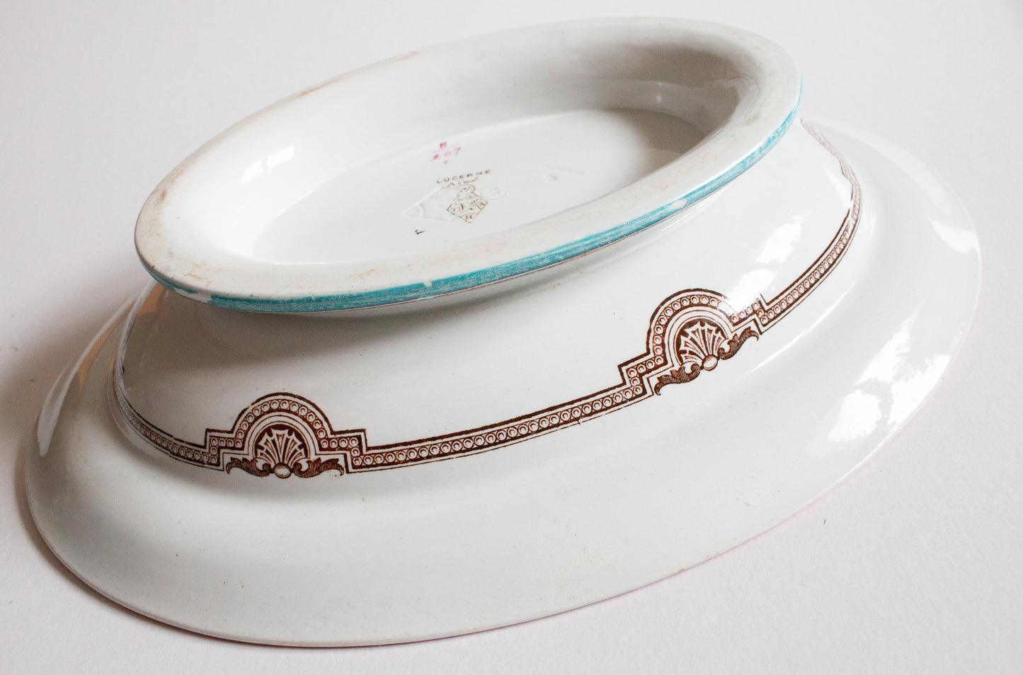 Antique Ashworth Bros. 'Lucerne' Brown and White Transferware Oval Comport or Serving Dish with Blue and Brown Trim