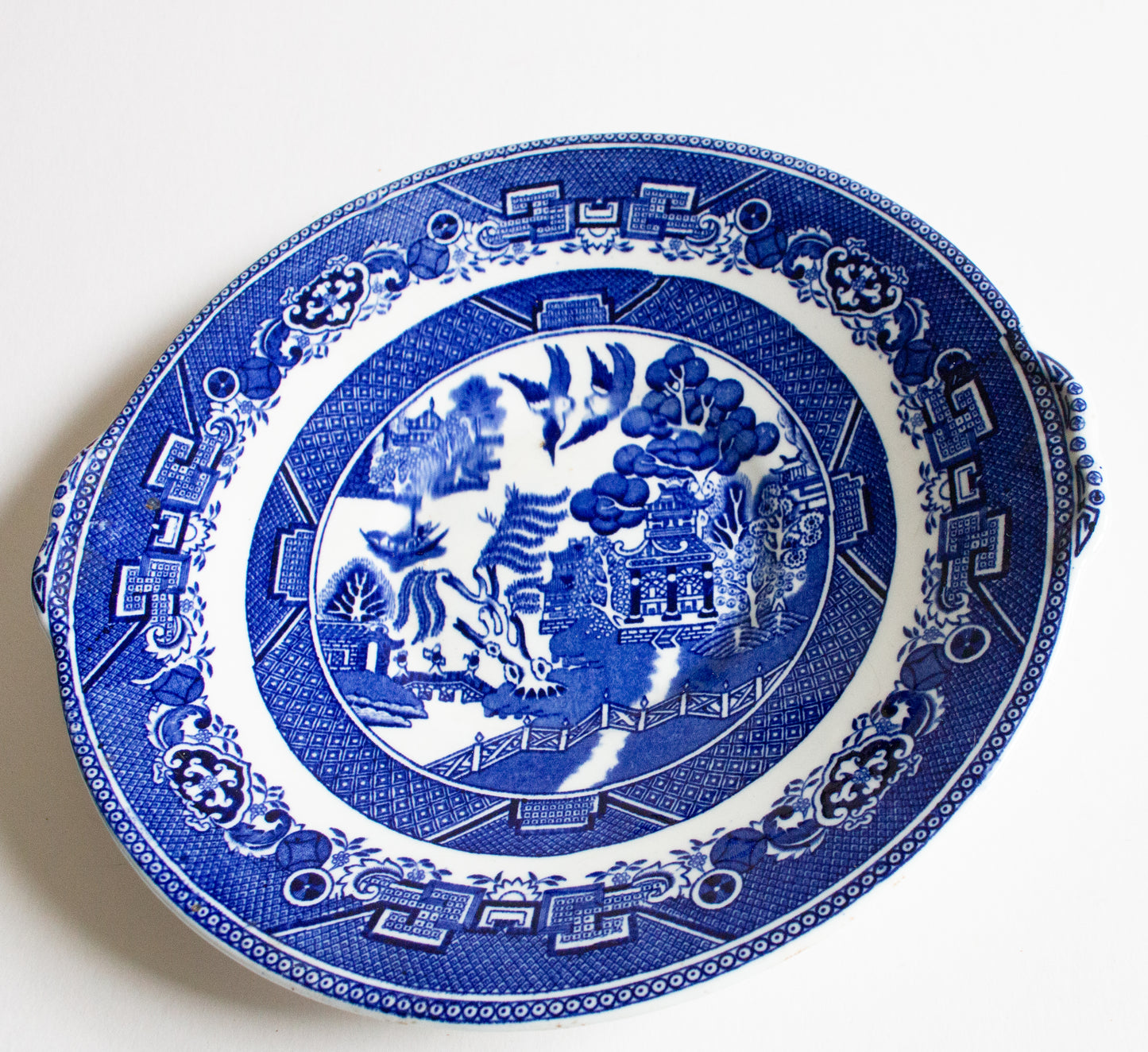 Adderley Ware 'Willow' Pattern Blue and White Transferware 10" Serving Plate with Moulded Handles