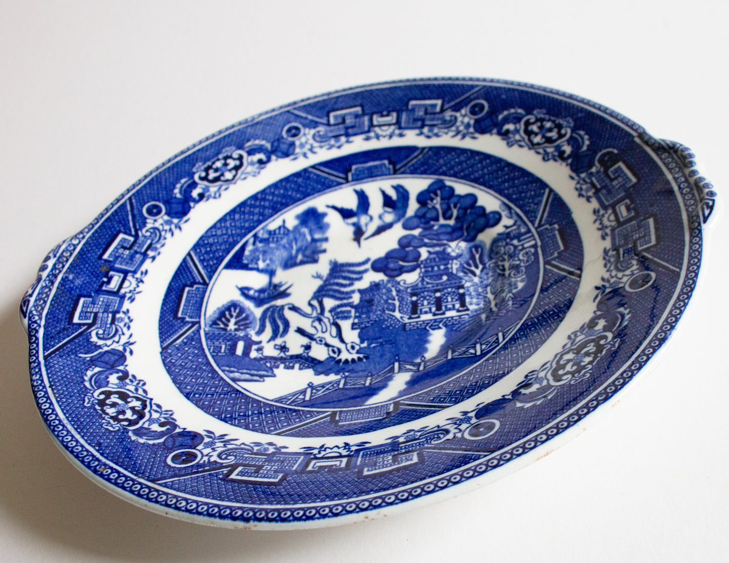 Adderley Ware 'Willow' Pattern Blue and White Transferware 10" Serving Plate with Moulded Handles