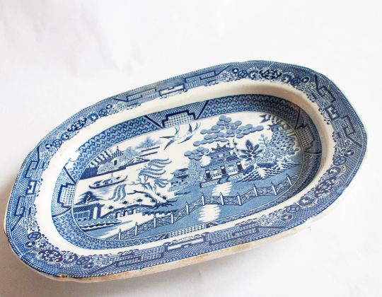 Antique Willow Pattern Small Blue and White Transferware Serving Platter