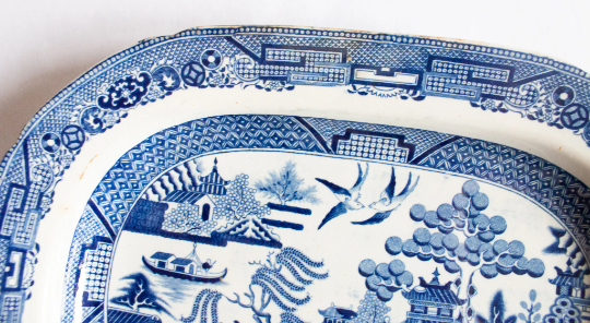 Antique Willow Pattern Small Blue and White Transferware Serving Platter