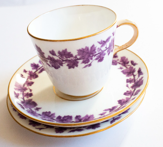 Vintage Purple Floral China Teacup Trio with Gilt Detail