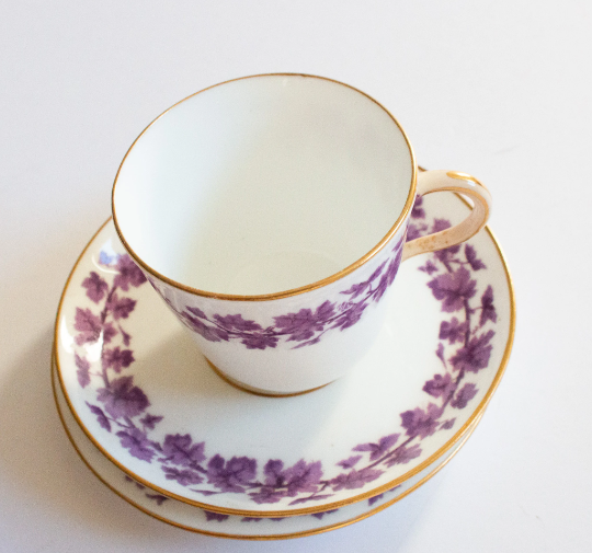 Vintage Purple Floral China Teacup Trio with Gilt Detail