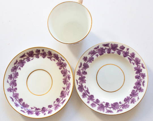 Vintage Purple Floral China Teacup Trio with Gilt Detail
