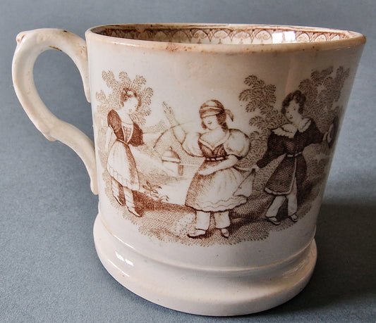 Antique English Pearlware Pottery Child's Mug with Nursery Game Detail