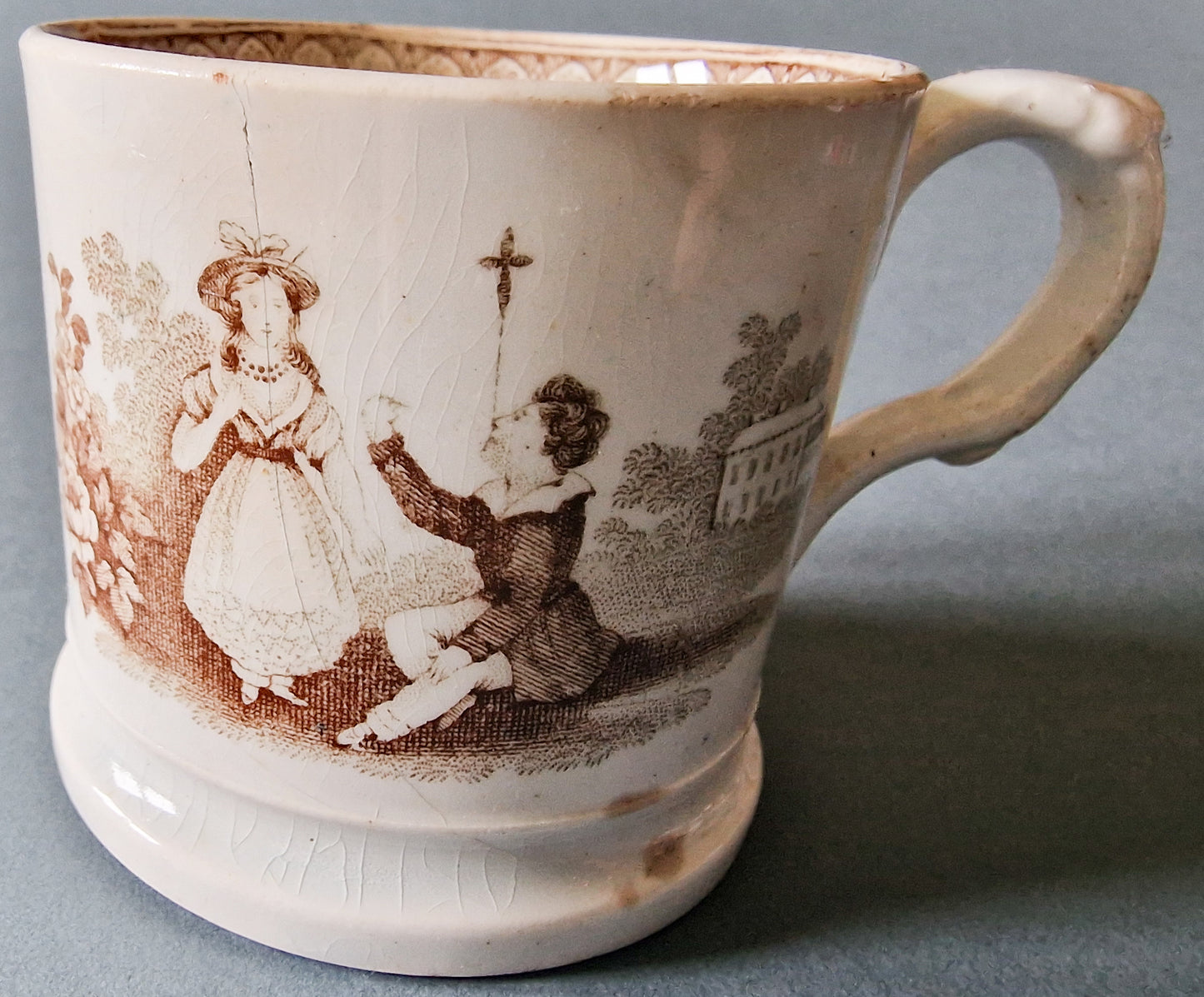 Antique English Pearlware Pottery Child's Mug with Nursery Game Detail