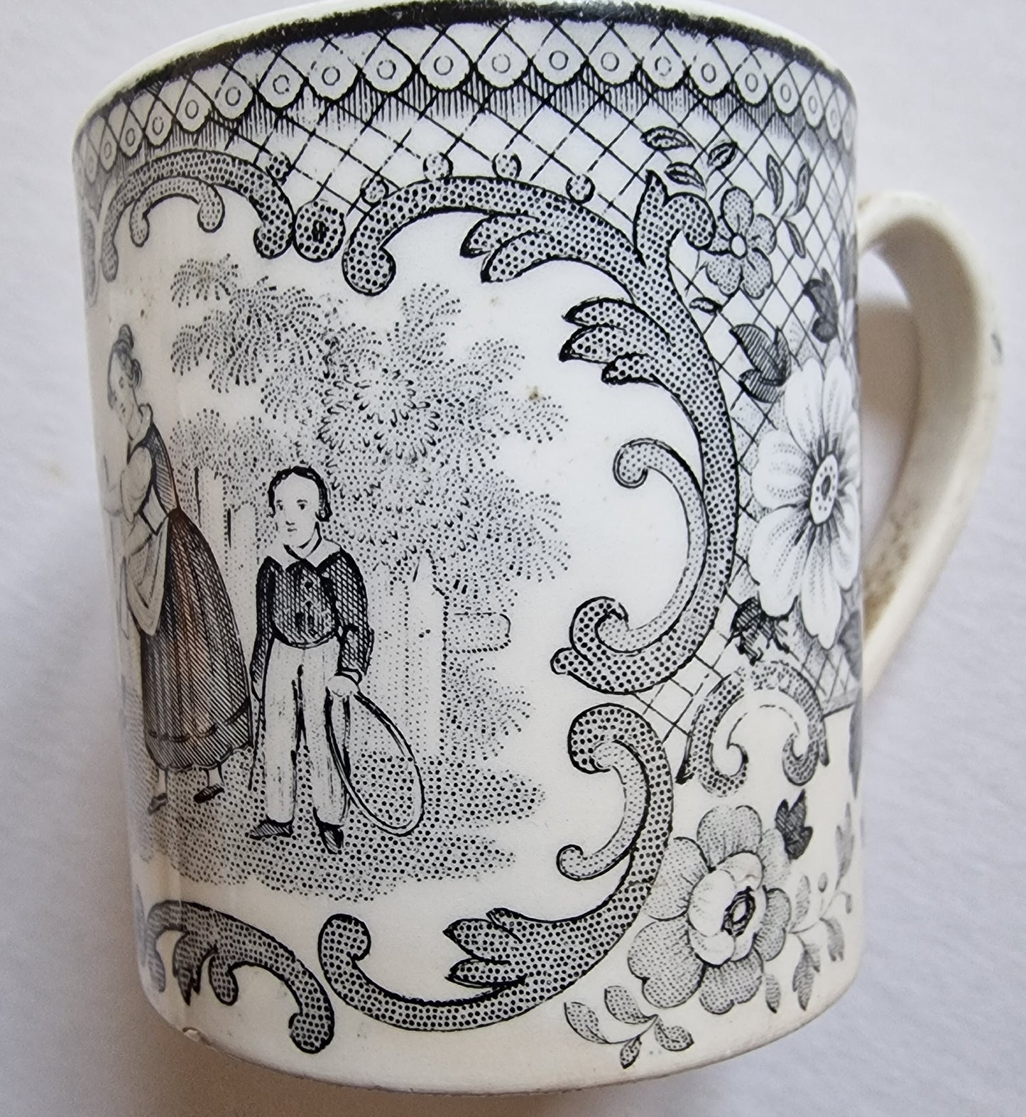 Antique H. Boulenger & Cie French Pearlware Pottery Child's Mug with Nursery Game Detail